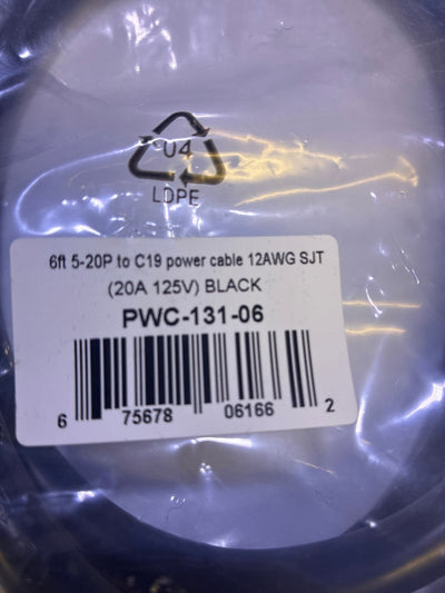 🔥 PWC-131-06 NEMA 5-20P to IEC C19 Power Cable 6ft 12AWG 20A 125V Black