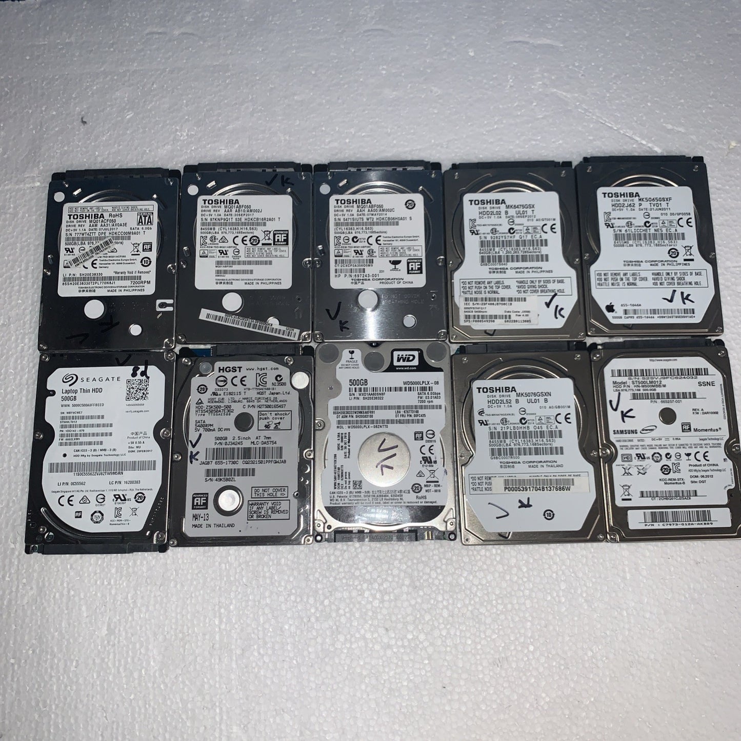 (10x) Mixed 500GB HDD 2.5" Laptop Hard Drive (1000+ days lifespan remaining)