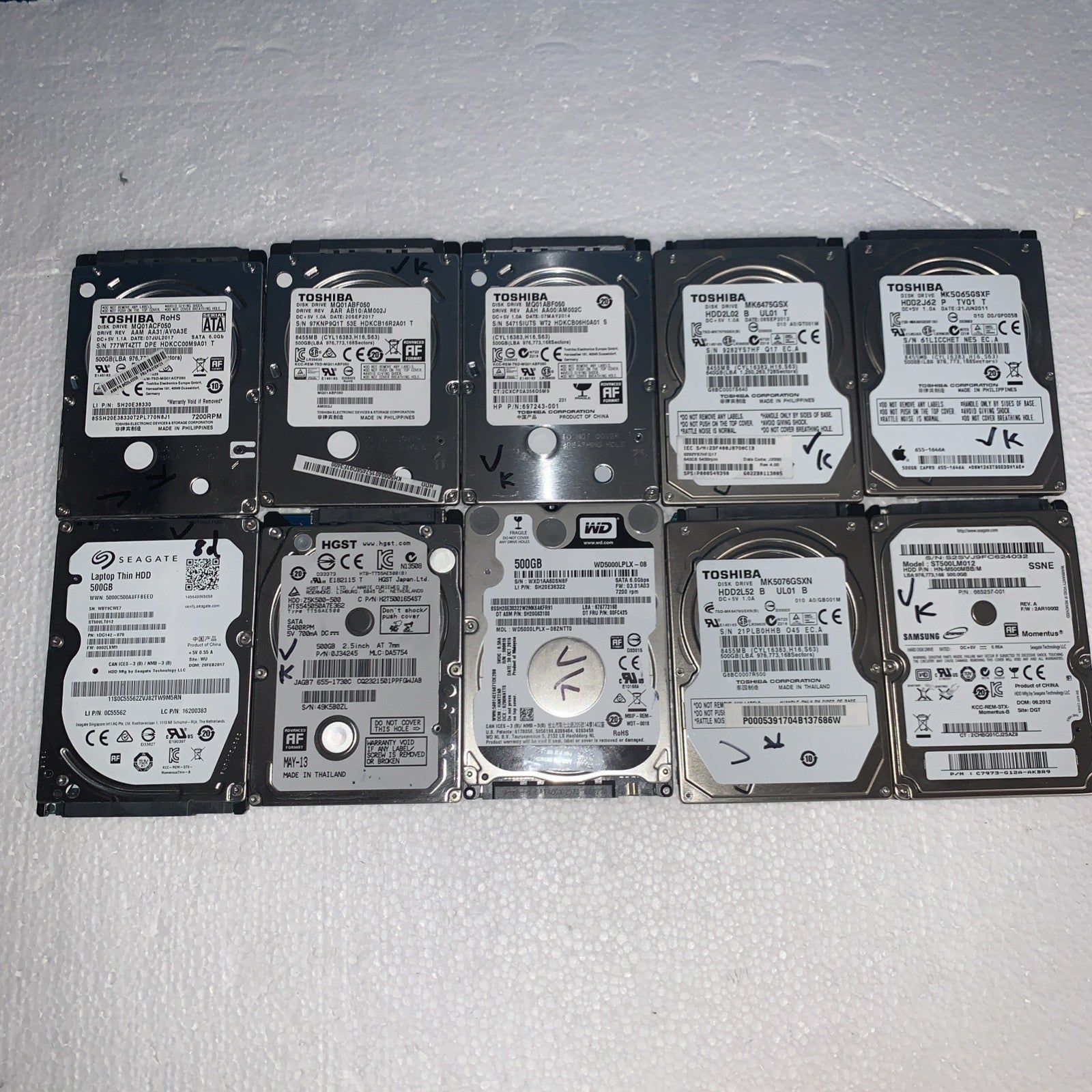 (10x) Mixed 500GB HDD 2.5" Laptop Hard Drive (1000+ days lifespan remaining)