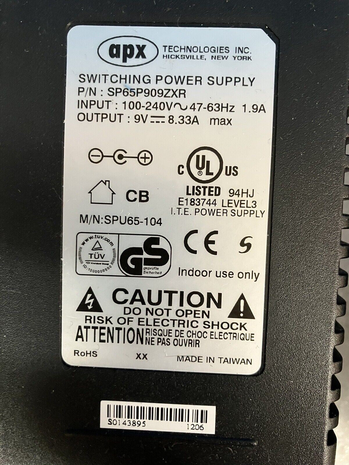 ~ (Lot 2) APX Technologies Inc Switching Power Supply 9V 8.33A 47-63Hz SPU-104