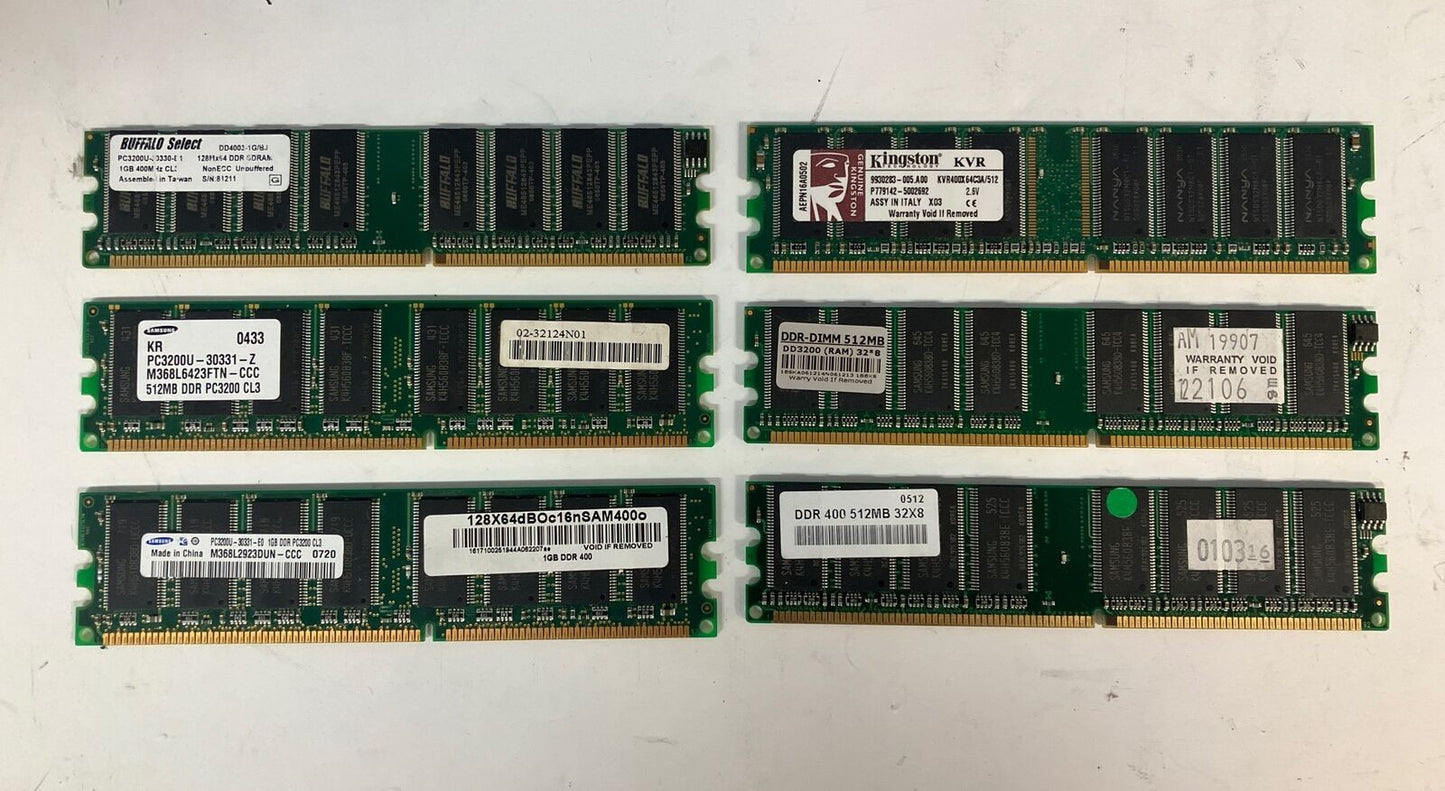 (Lot of 6x) Mixed Brands & Mixed Model DDR1 Desktop DIMM Memory ~