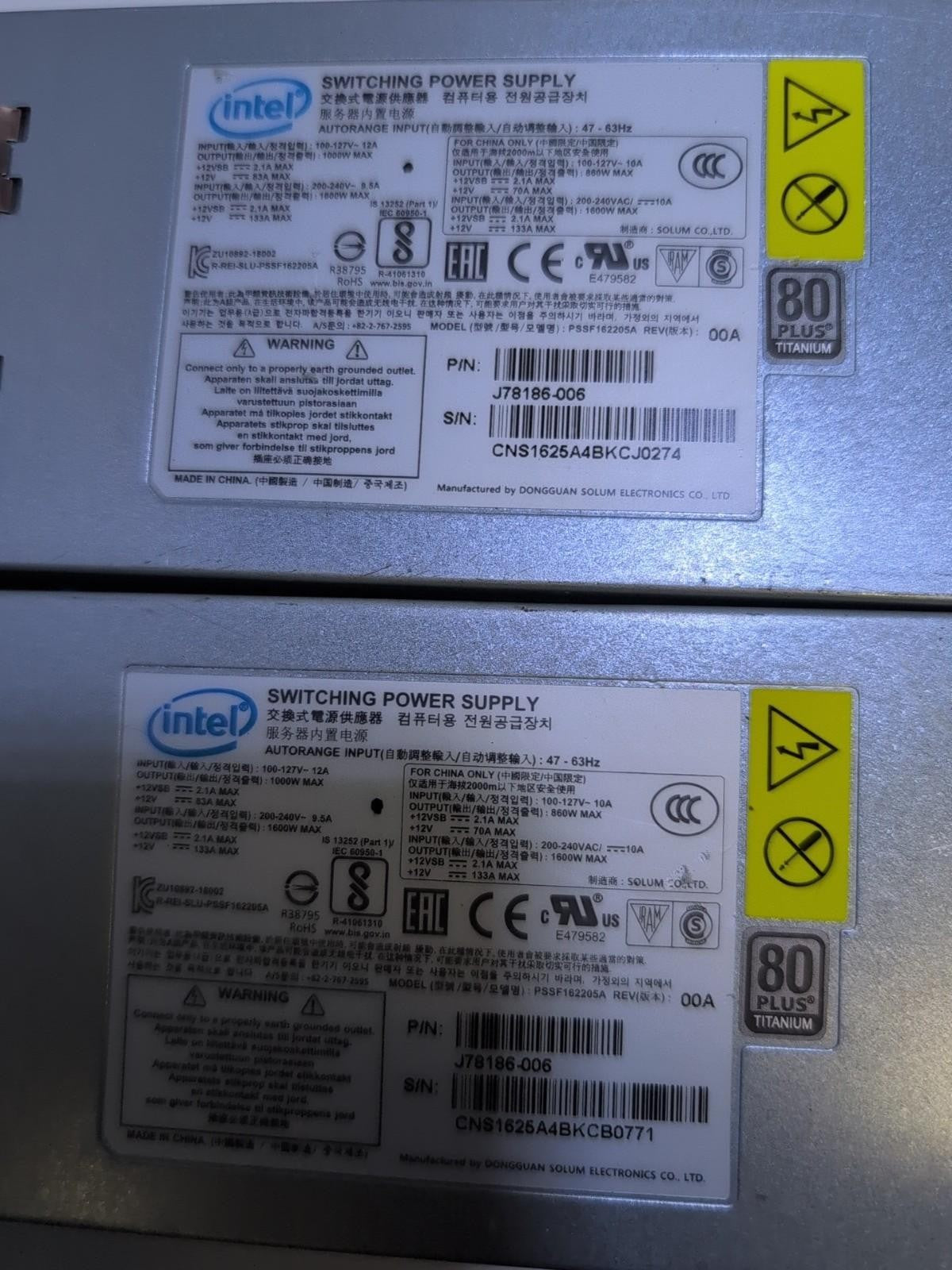 One Pair Intel PSSF162205A 1600W Server Switching Power Supply J78186-006 -