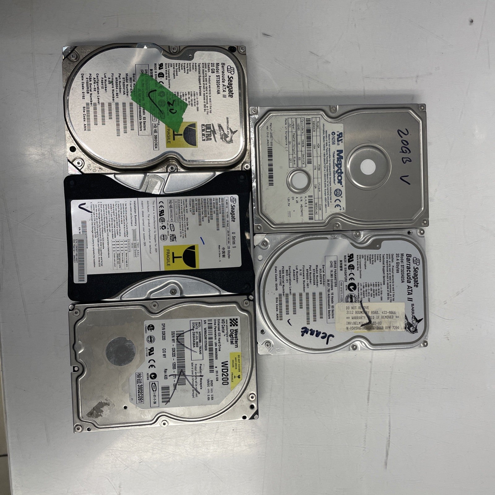 Lot Of 5- Mixed Brand Desktop IDE HDD 20G 3.5” Hard Drive Tested & Working +