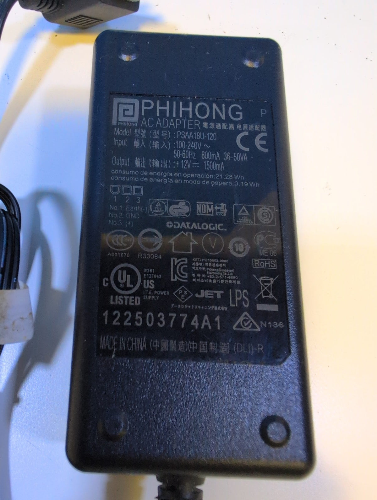 🎸 Phihong PSAA18U-120 12V 1500mA AC Adapter for Datalogic Scanner 8300RD Tested
