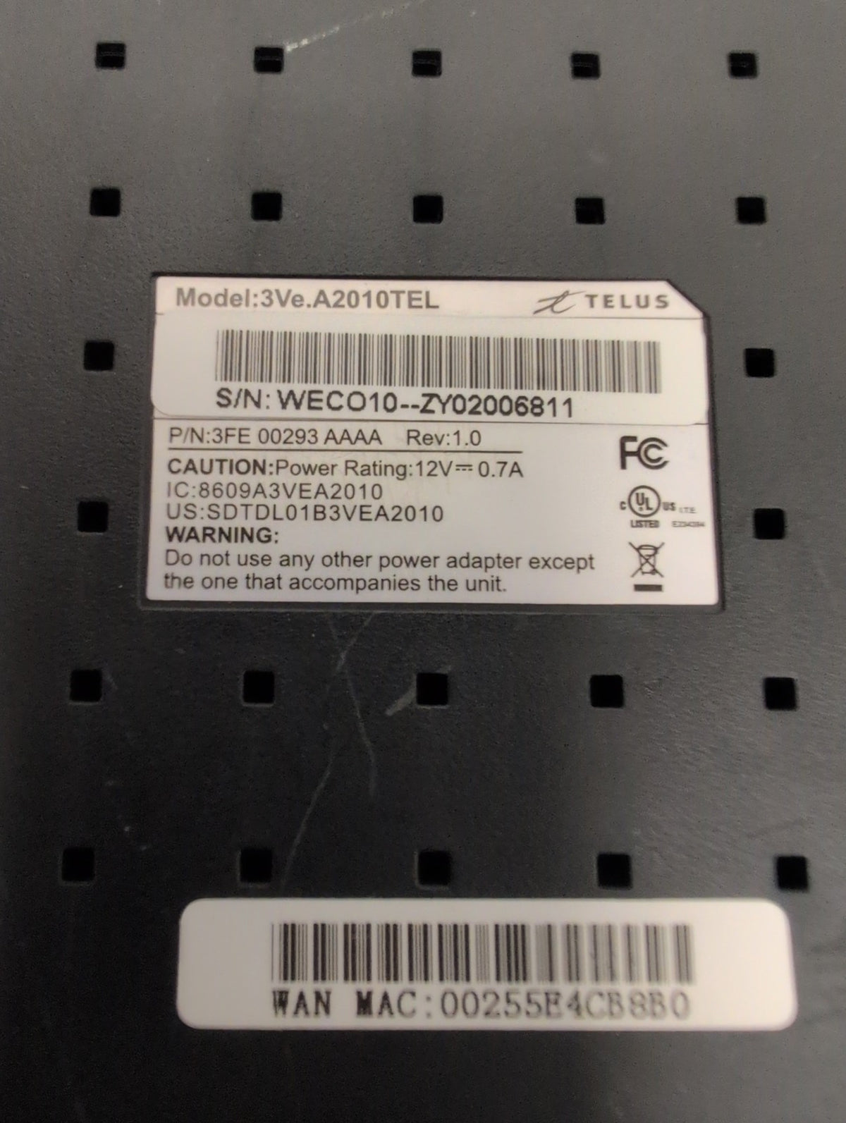 🎸 TELUS 3Ve.A2010TEL DSL Modem Router Combo Black Wired Ethernet LAN Ports