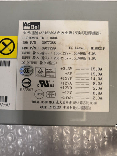 - ACBEL 350W  POWER SUPPLY   API6FS03 39Y7288 39Y7289 FOR  IBM X3250 SERVER @@@