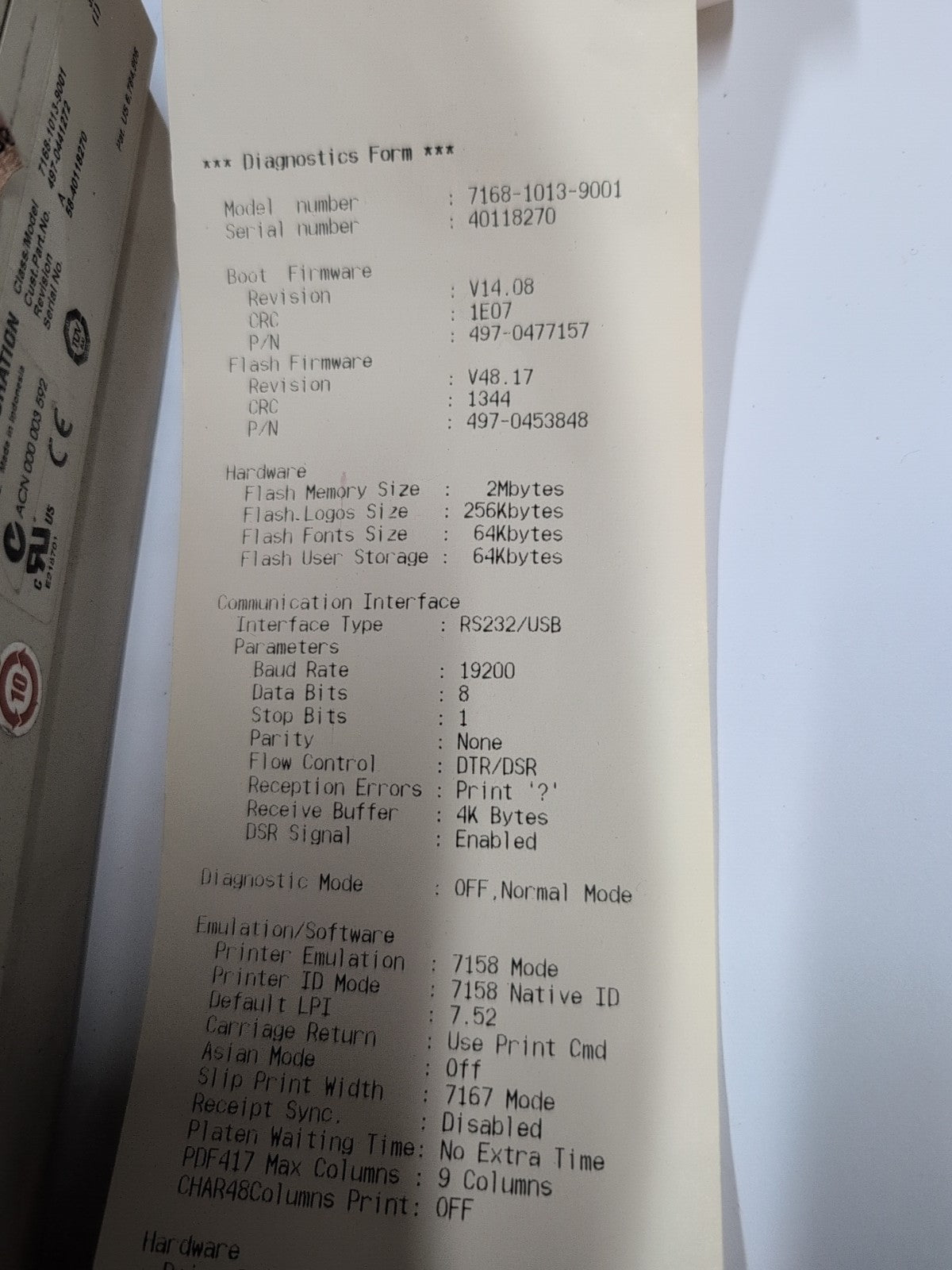 NCR 7168-1013-9001 Thermal Receipt/Slip Printer RS232/USB Tested (NO Adapter) -