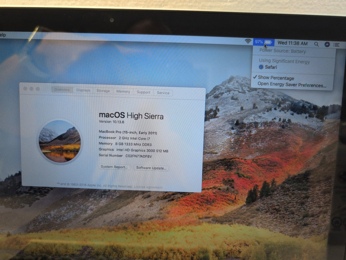 🎸 Apple MacBook Pro 15-inch A1286 2011 Intel i7-2.0GHz 8GB 250GB SSD 10.13