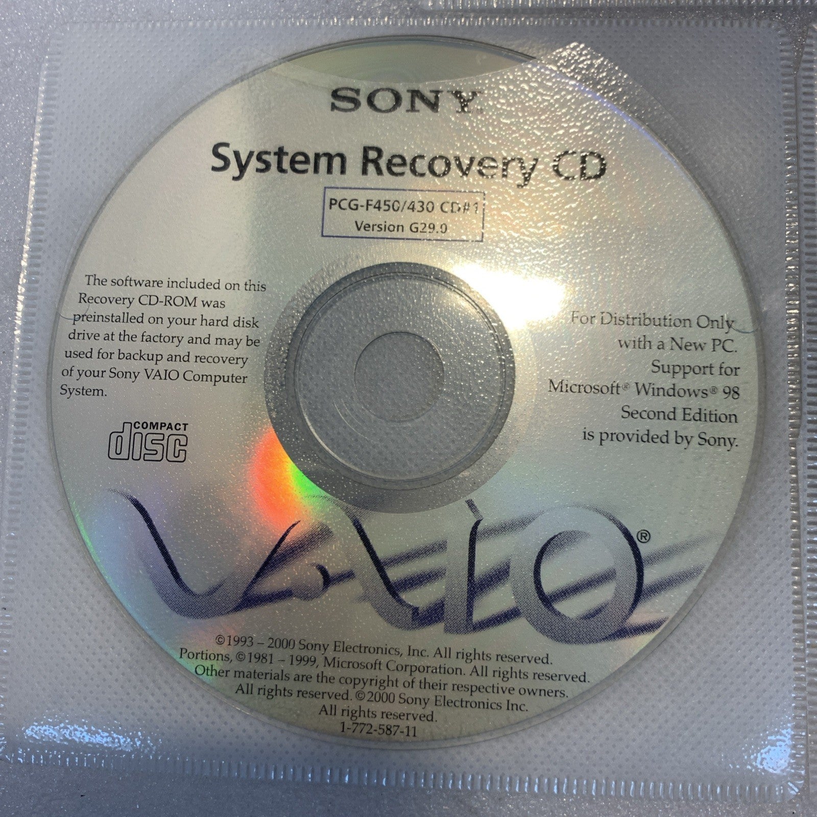 Sony VAIO PCG-F450 / PCG-F430 Windows 98 Second Edition Recovery CDs