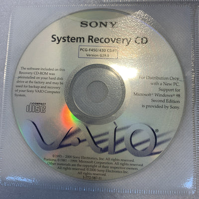 Sony VAIO PCG-F450 / PCG-F430 Windows 98 Second Edition Recovery CDs