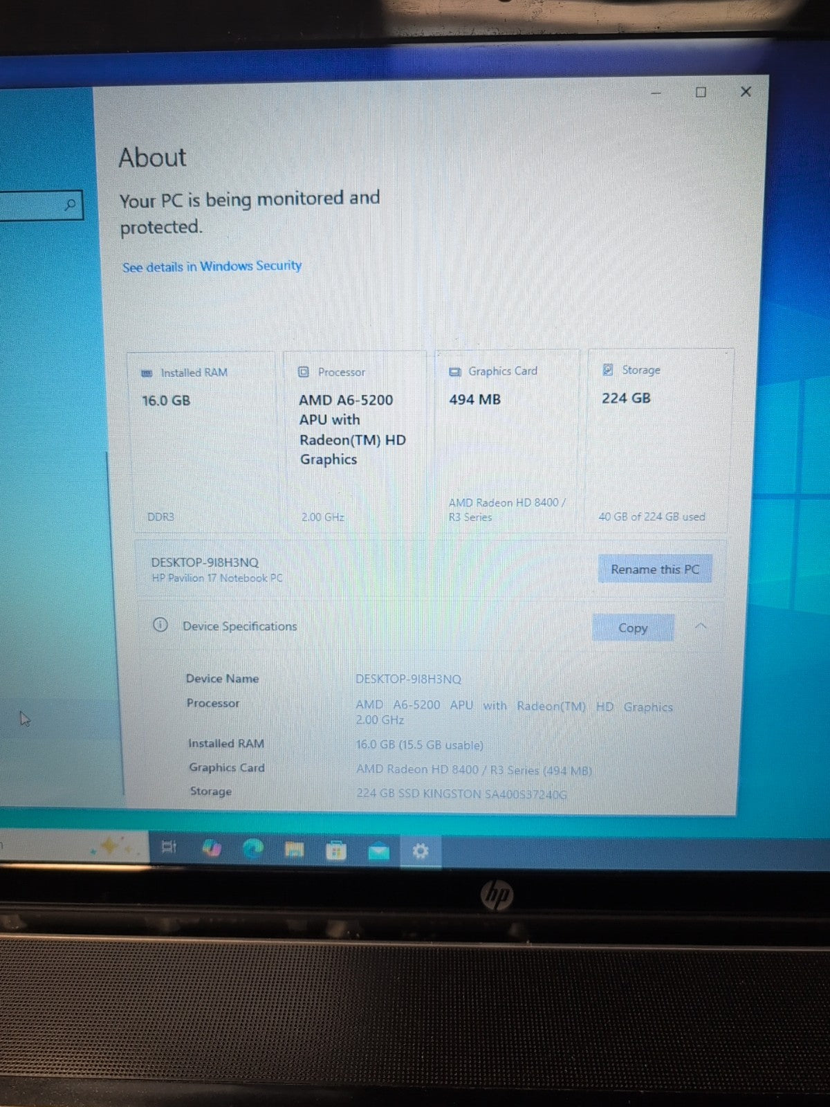 Hp PAVILION 17 17" Laptop AMD A6-5200 APU/ 16GB Ram/240GB SSD/ Win 10 -