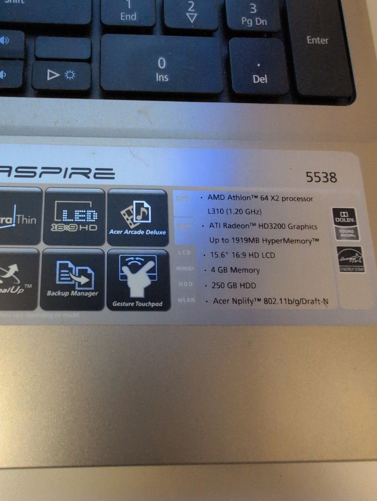 Acer Aspire 5538 15.6" Laptop AMD Athlon L310 CPU / 4GB RAM/ 250GB HDD/ Win10 -