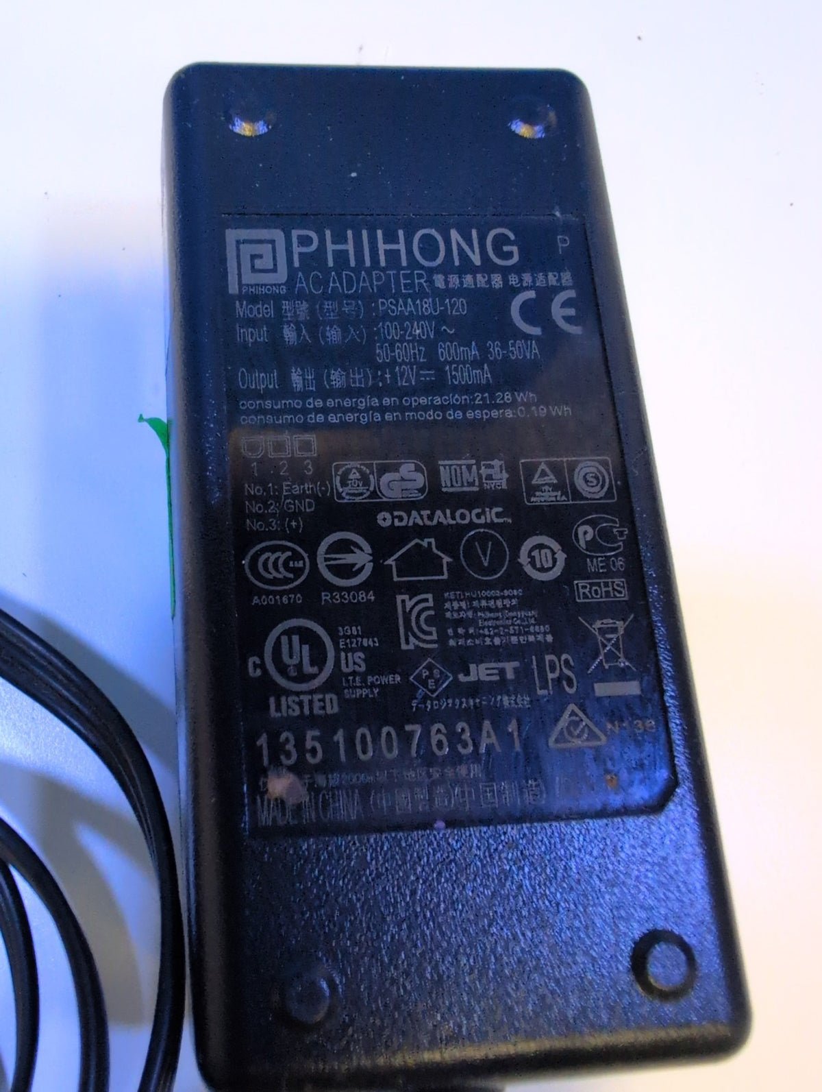 🎸 Phihong PSAA18U-120 AC Adapter 12V 1500mA Power Supply for Datalogic Scanner