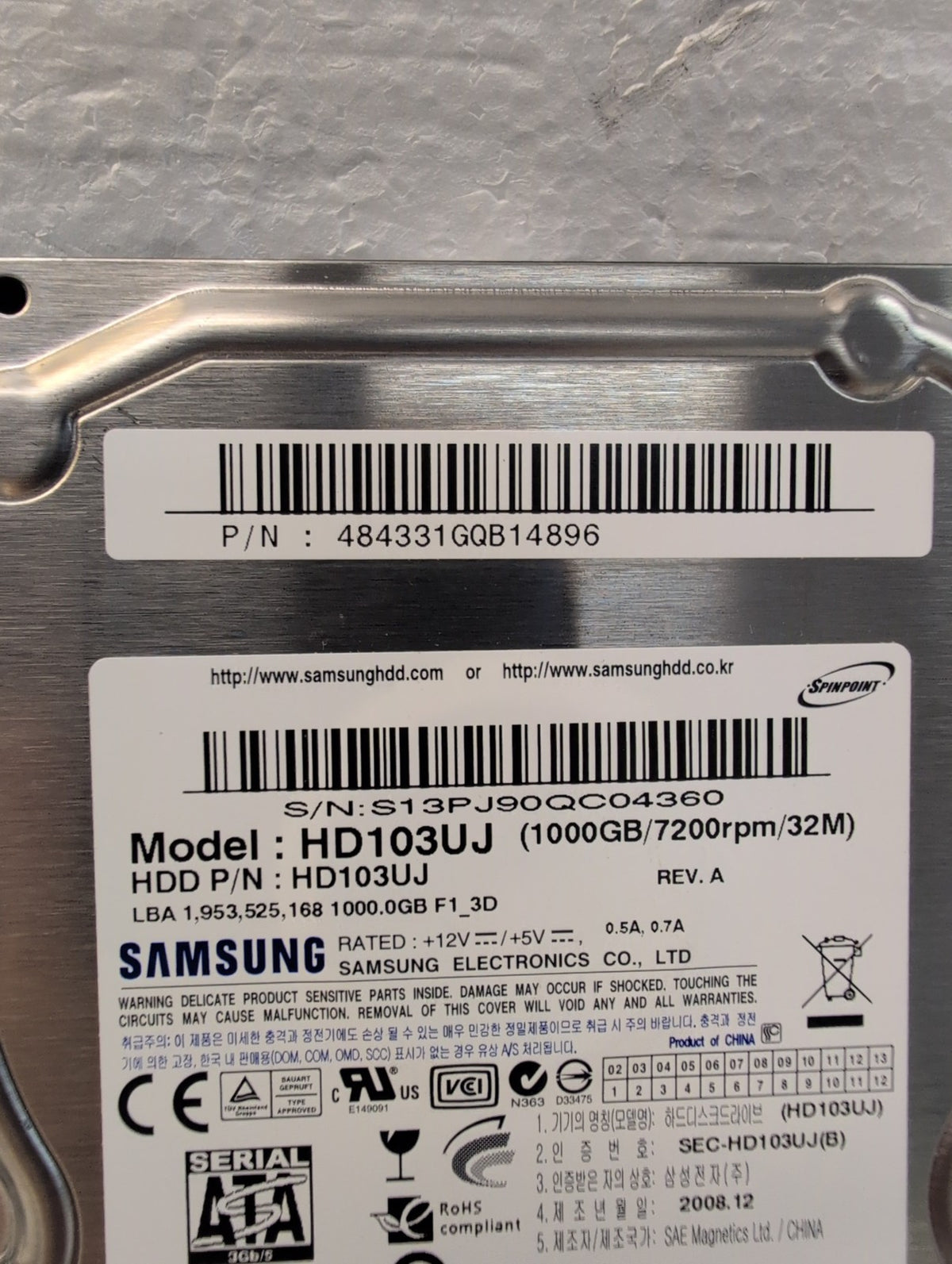 🎸 Samsung HD103UJ 1TB 7200RPM 3.5in SATA Internal Hard Drive (19 hours used)