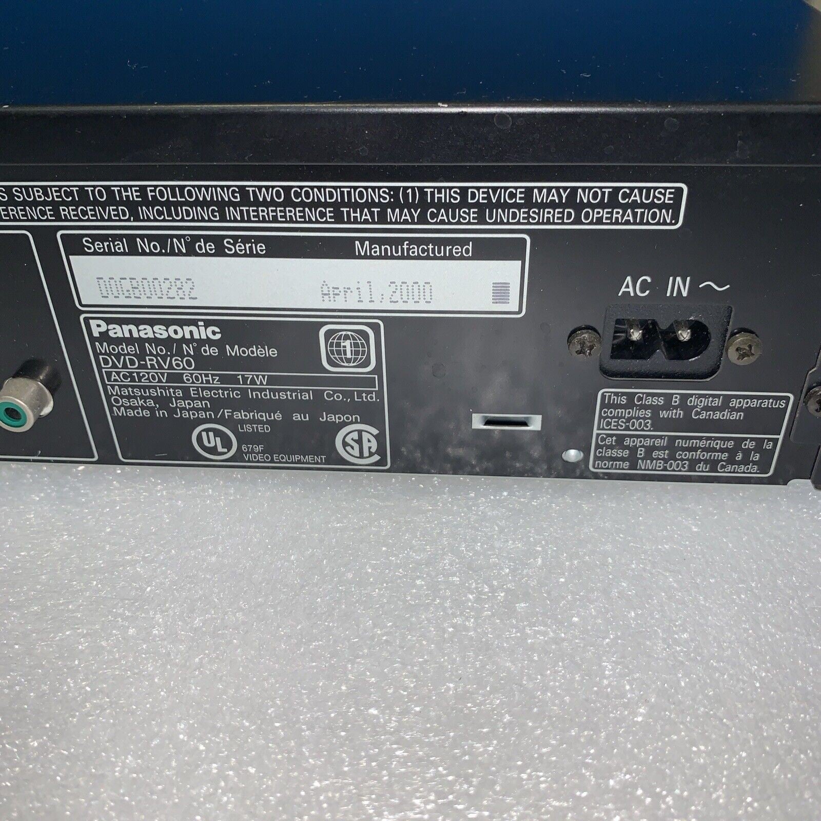 Panasonic DVD-RV60 DVD Player Built-in Dolby Digital Recorder