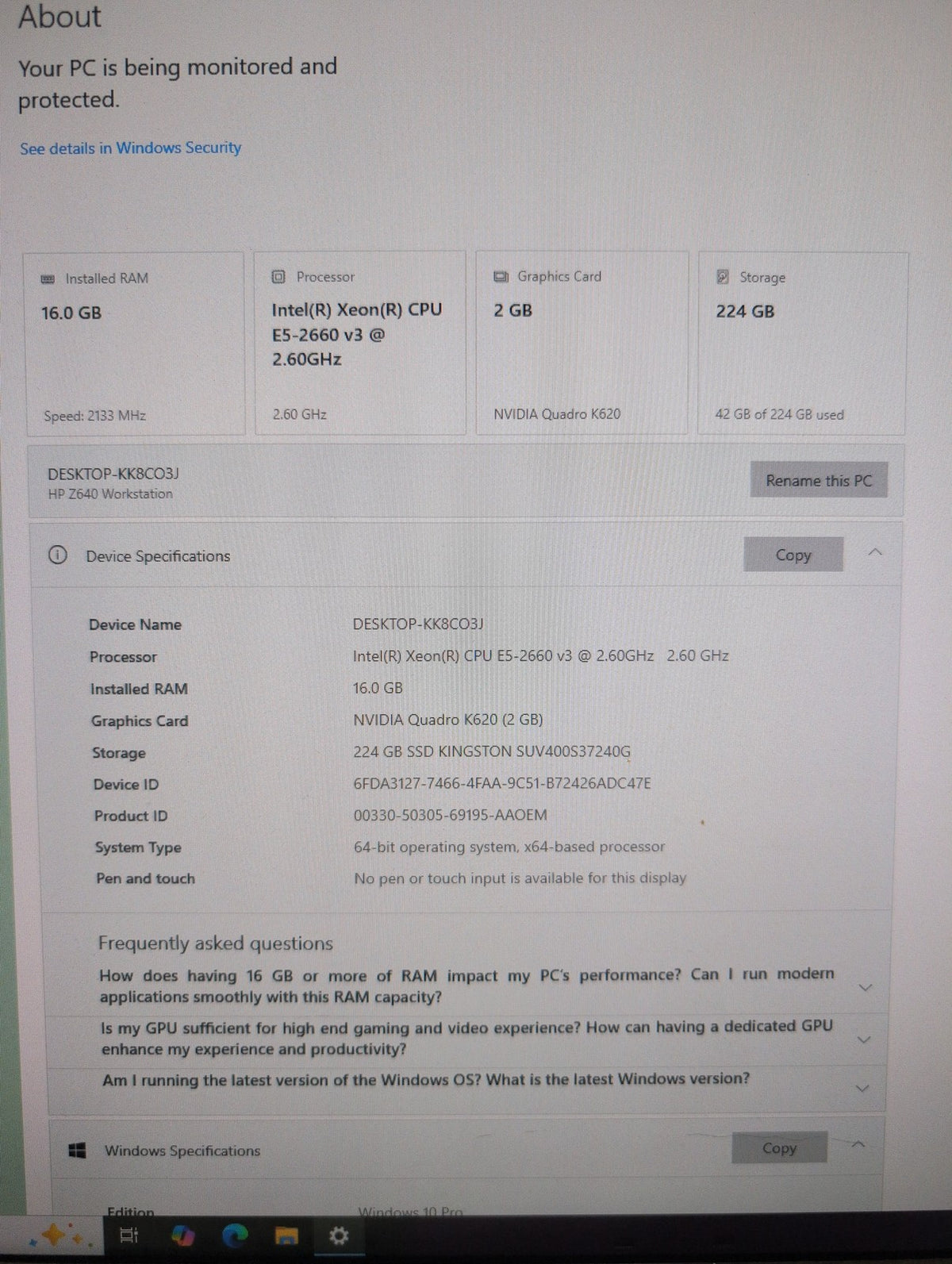 HP Z640 Workstation  Xeon E5-2660 v3/ 16GB RAM /240GB SSD /Quadro K620/Win10  -