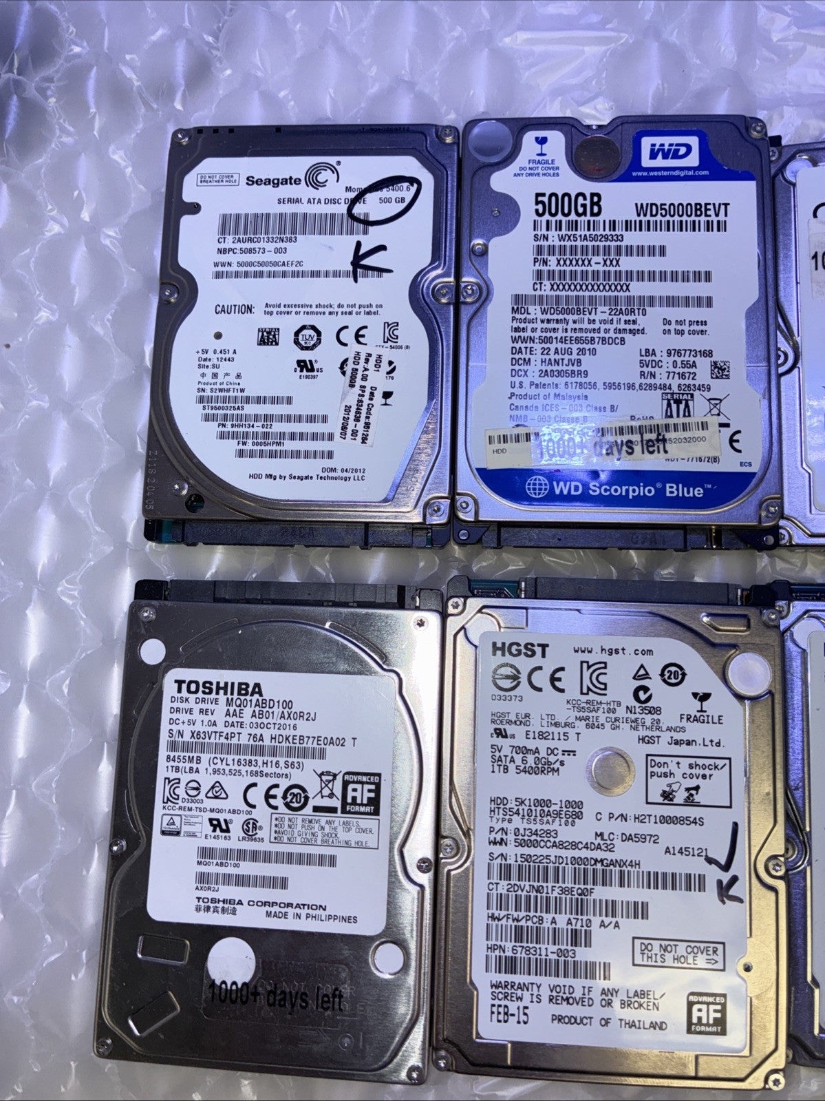 🔥 LOT of 10 Mixed Brand 500GB～1TB 2.5" SATA LAPTOP HDD (1000+ days Remains) -