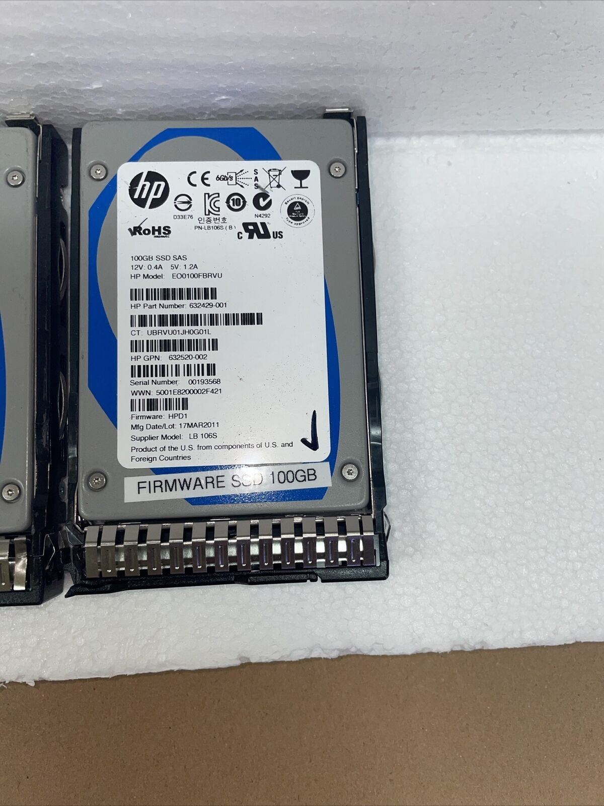 (1 x) HP 100GB SAS 6G 2.5'' Solid State Drive 632429-001  (1000 days remaining)