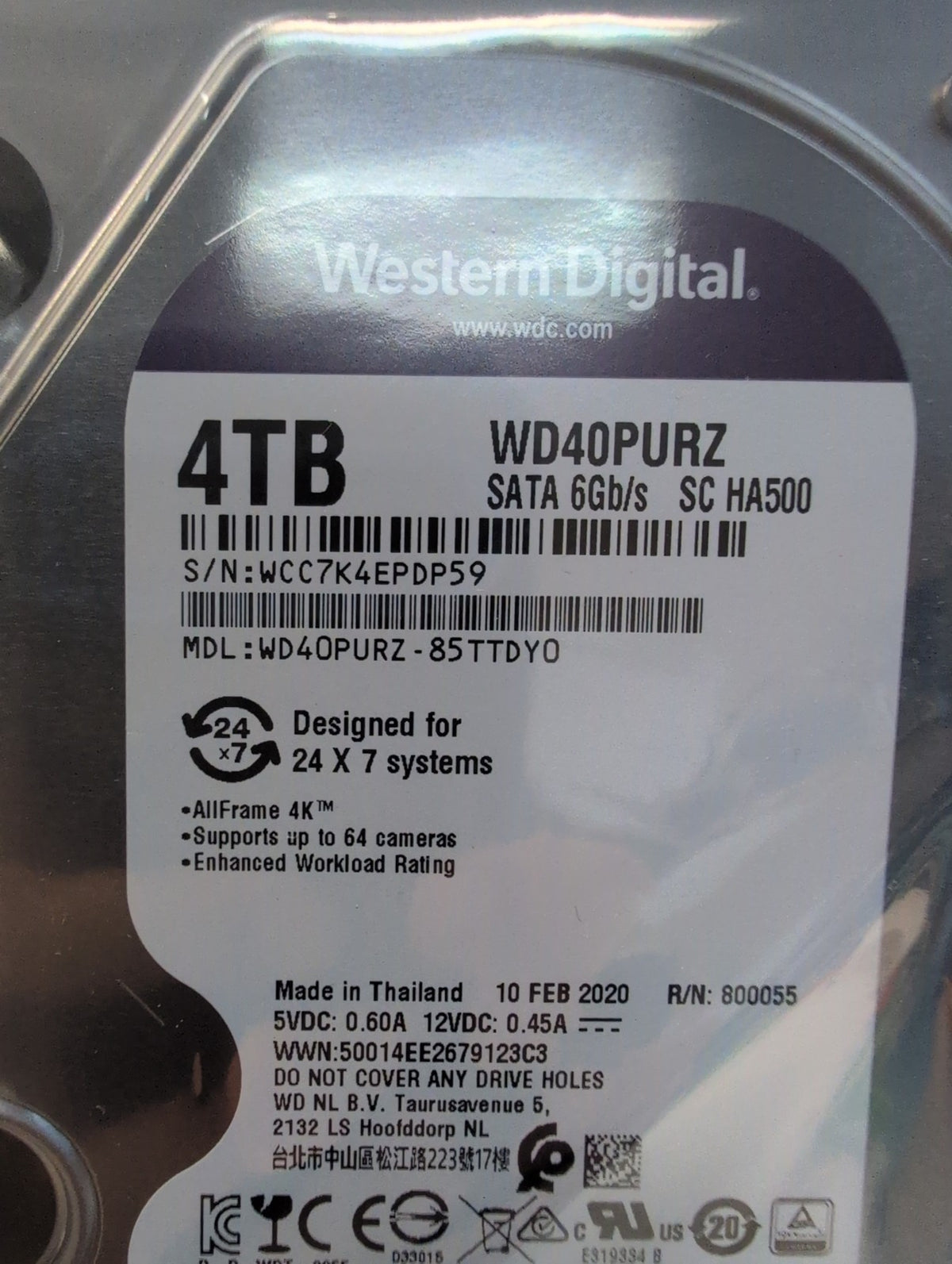 🎸NEW Western Digital Purple 4TB Surveillance SATA Hard Drive WD40PURZ-85TTDY0