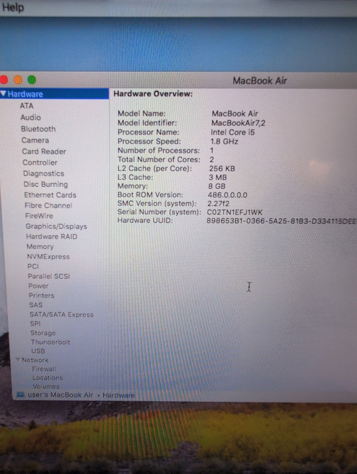 NICE Apple MacBook Air A1466 13" 2017 1.8GHz i5/8GB /128GB SSD (NO AC ADAPTER) -