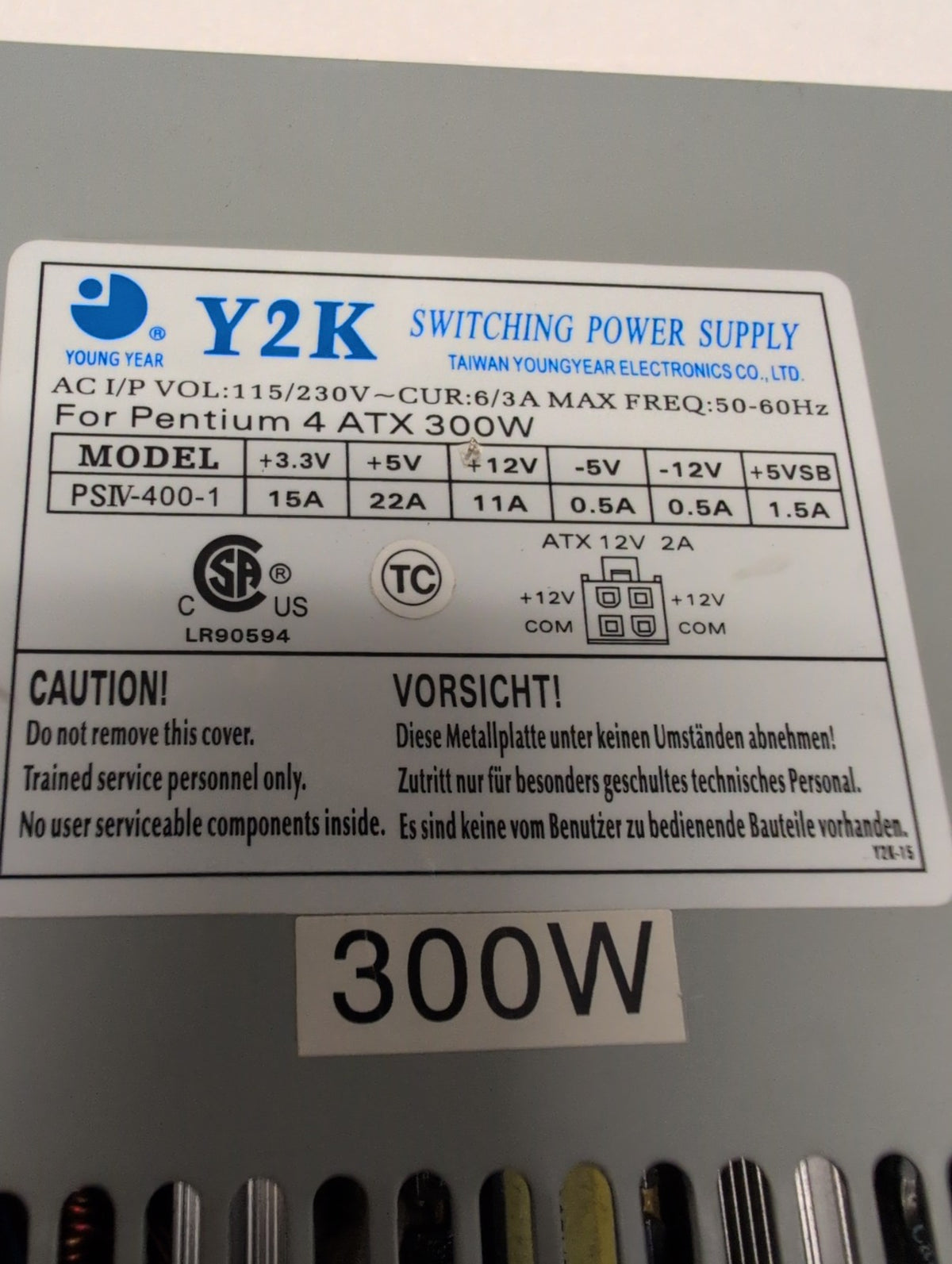🎸 Y2K PSIV-400-1 300W ATX Switching Power Supply for Pentium 4 Desktop PC
