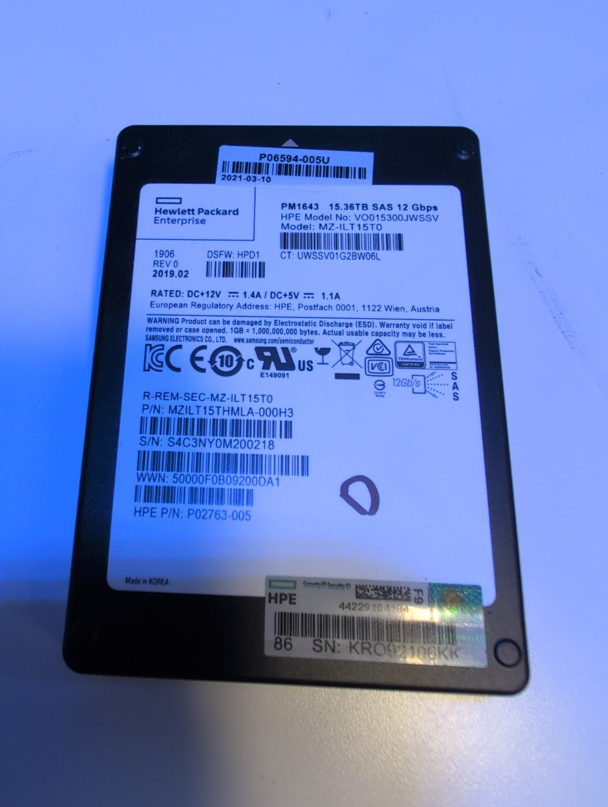 🎸 HPE PM1643 MZ-ILT15T0 15.36TB SAS 2.5in Enterprise SERVER SSD 100% Health