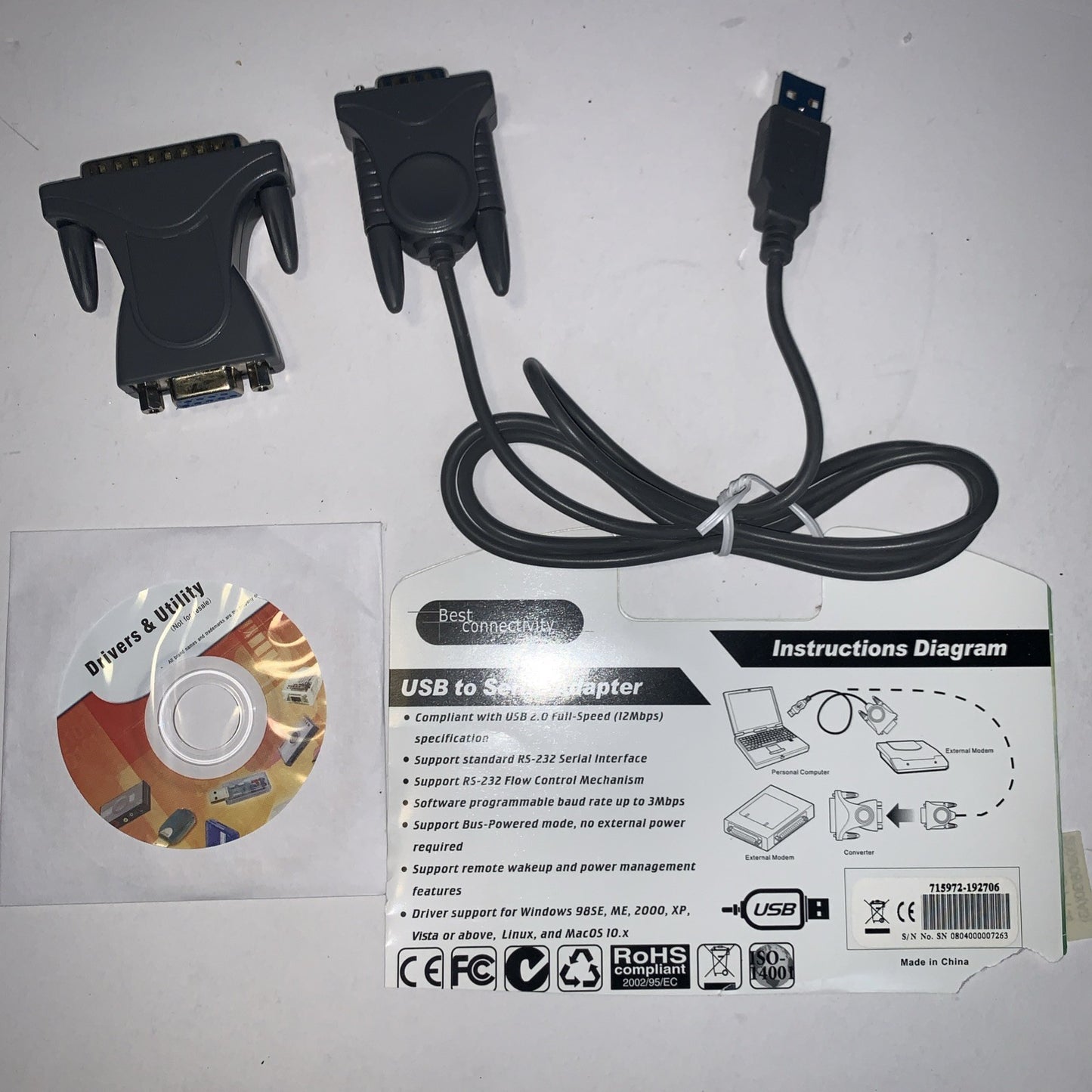 USB 2.0 to 9 & 25 pin Serial RS232 Cable DB9/DB25 Data Cable Adapter Converter