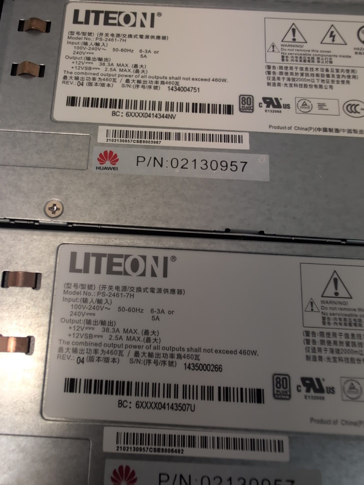 2x Liteon PS-2461-7H  Server Power Supply Unit 460W For RH1288 Tested  -