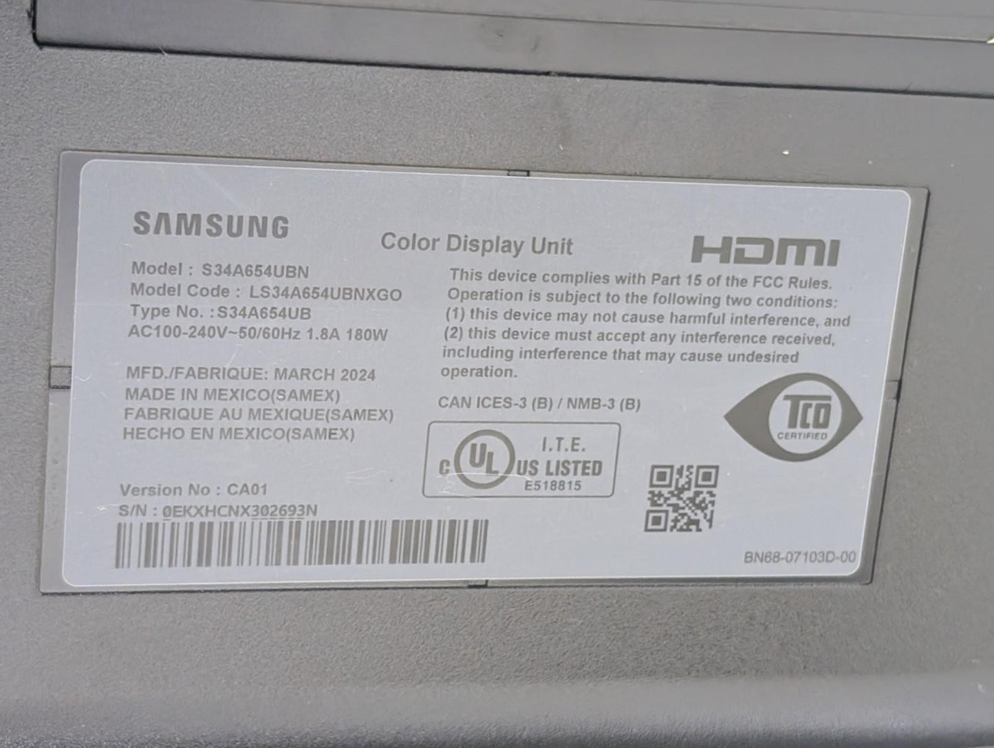 (GRADE A) Samsung 34" Viewfinity S65UA UltraWide QHD Curved Monitor S34A654UBN -