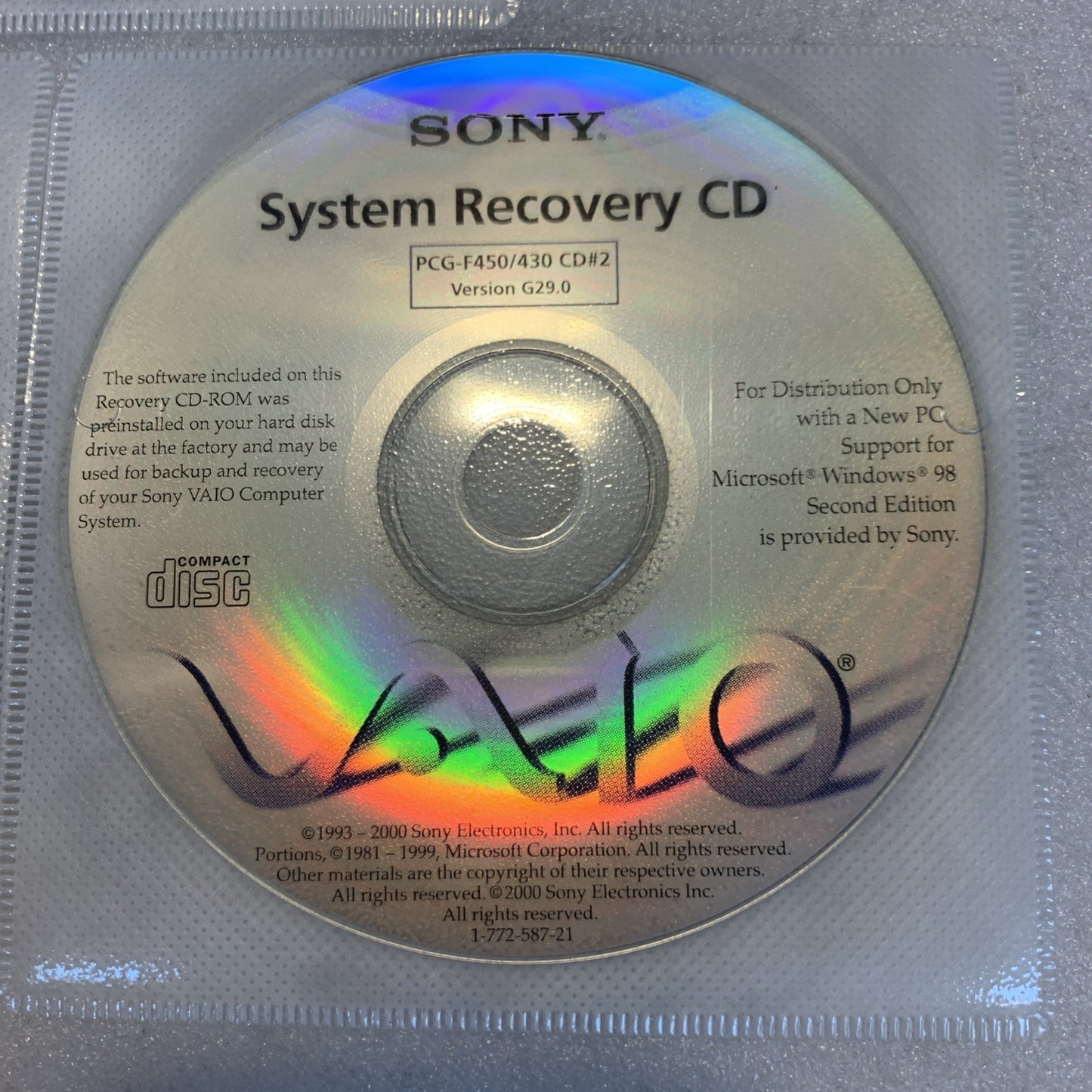 Sony VAIO PCG-F450 / PCG-F430 Windows 98 Second Edition Recovery CDs