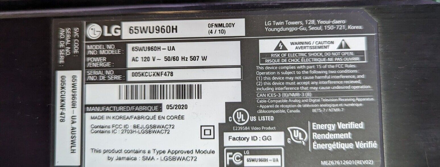 - LG 65" TV 65WU960H MAIN BOARD 65/77W7 MGJ652184 GU05N03005
