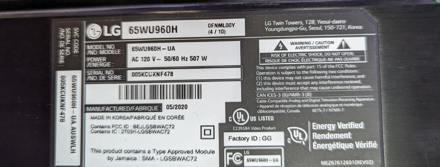 - LG 65" TV 65WU960H MAIN BOARD 65/77W7 MGJ652184 GU05N03005