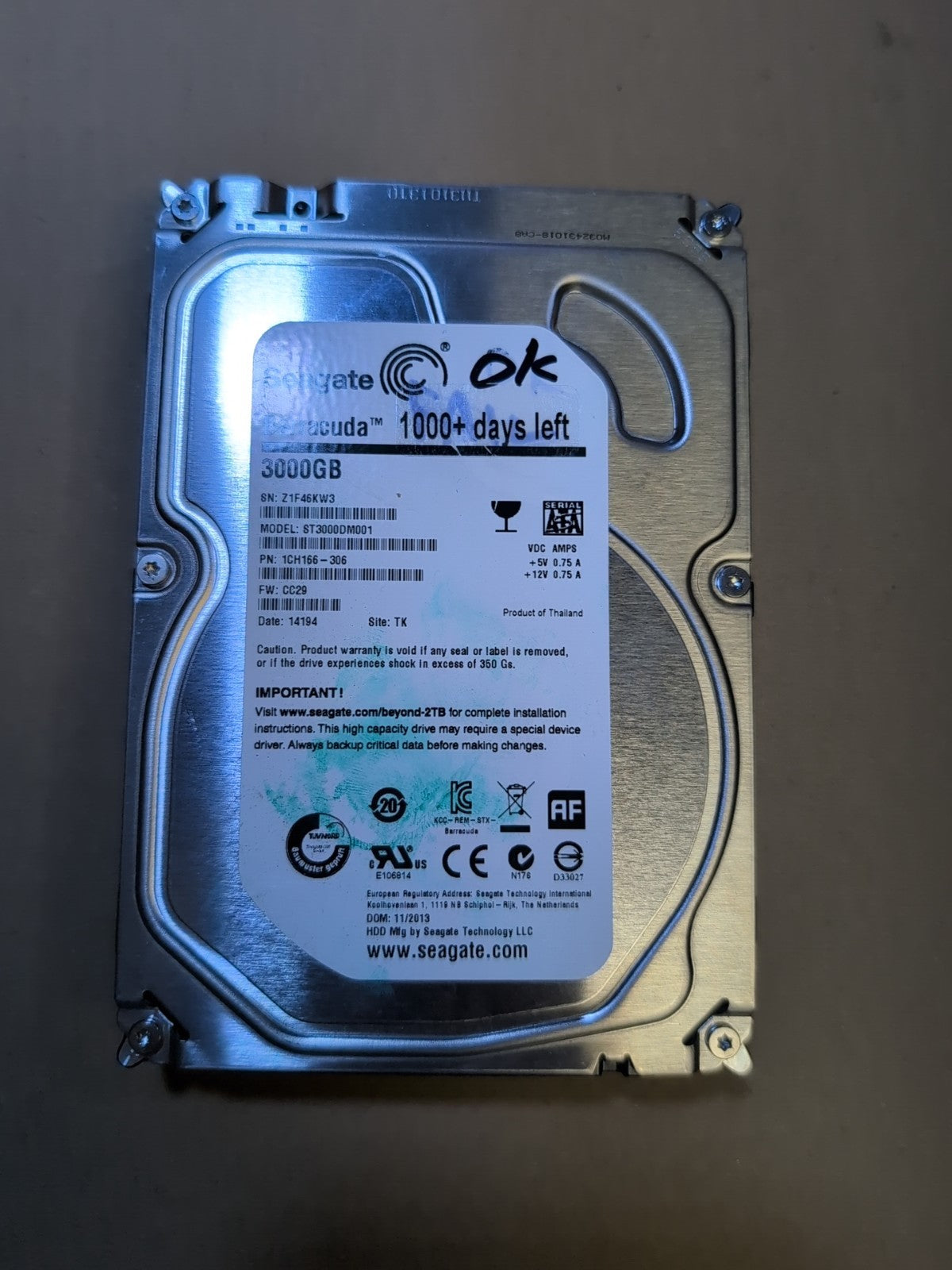 3TB Seagate Barracuda 7.2K 3.5'' SATA HDD ST3000DM001  (Used time Only 2 days) -