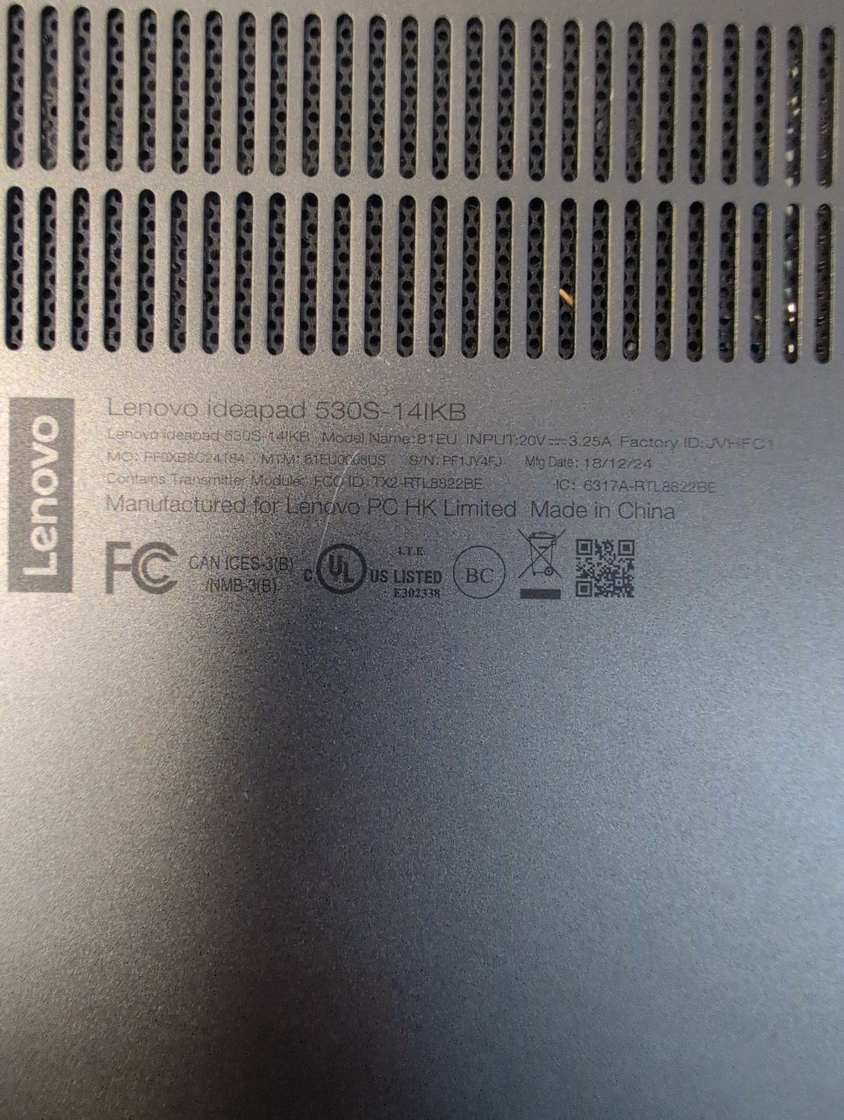 🎸 Lenovo Ideapad 530S-14IKB 81EU 14in Laptop No SSD/RAM For Parts Not Working