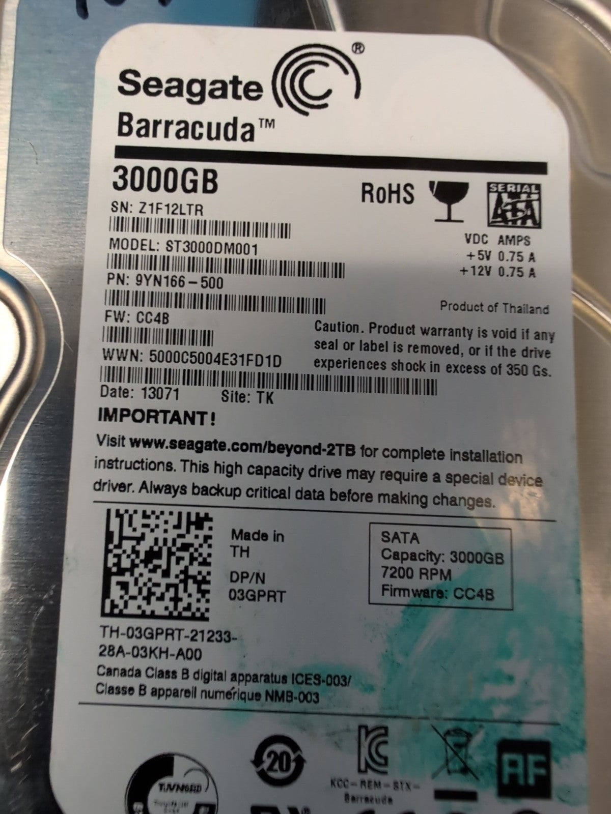 Seagate Barracuda 7.2K 3.5'' SATA 3TB  HDD ST3000DM001  (100% Health) -