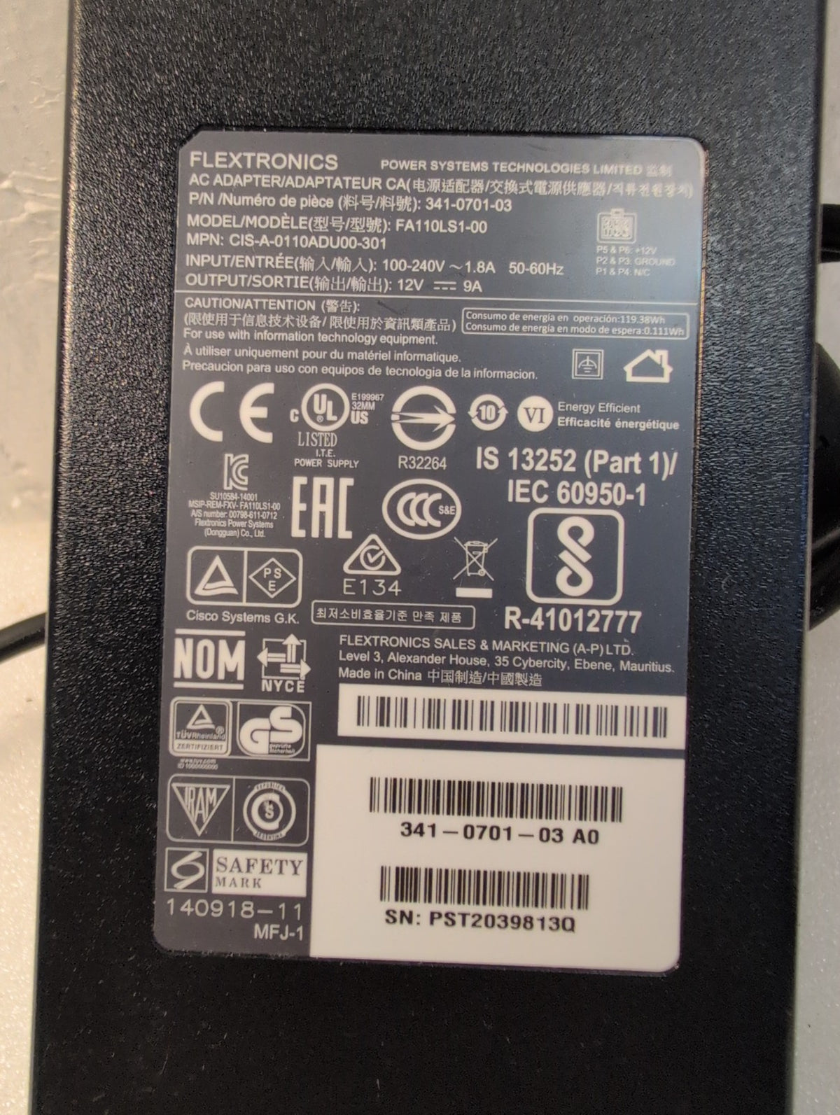 🎸 Cisco AC Power Adapter 341-0701-03 FA110LS1-00 12V 9A Router Power Supply