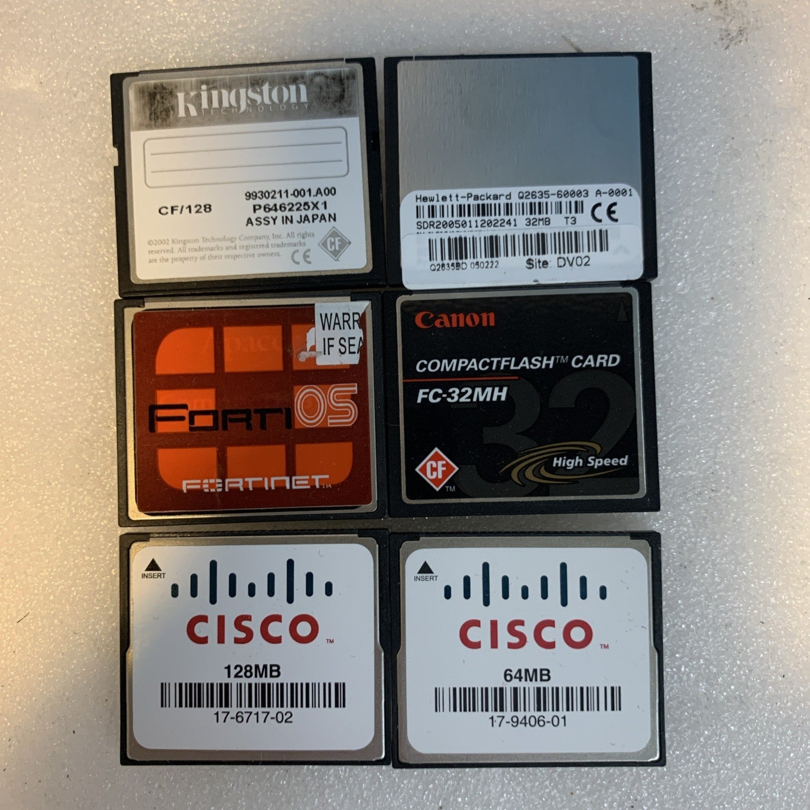 Lot of 6 CompactFlash CF Cards Cisco Fortinet HP Canon Kingston