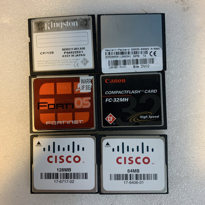 Lot of 6 CompactFlash CF Cards Cisco Fortinet HP Canon Kingston
