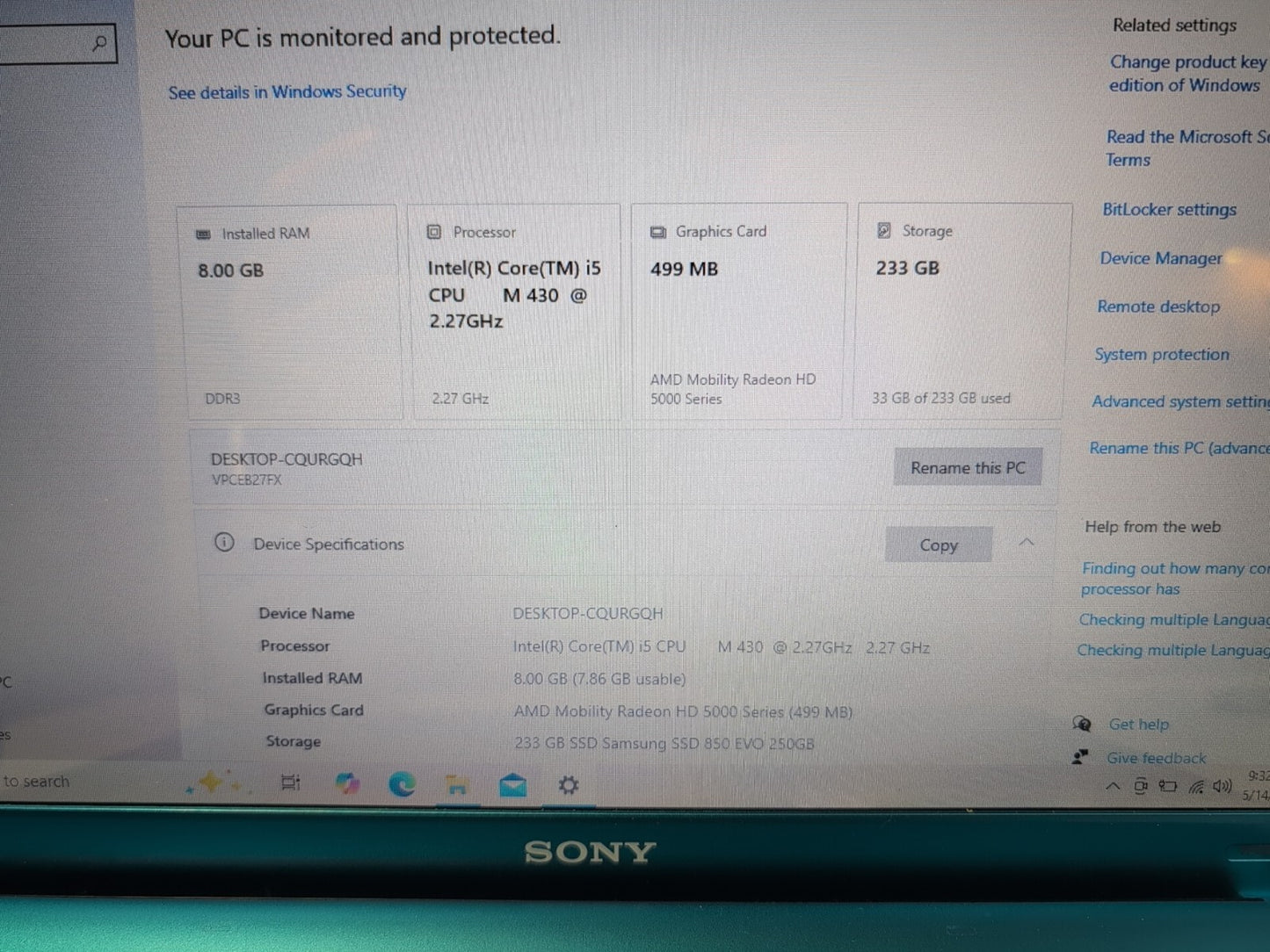 🔥 SONY VAIO PCG-71211L 15.6" LAPTOP i5-M430 CPU/8GB/250GB SSD/ WIN 10 -