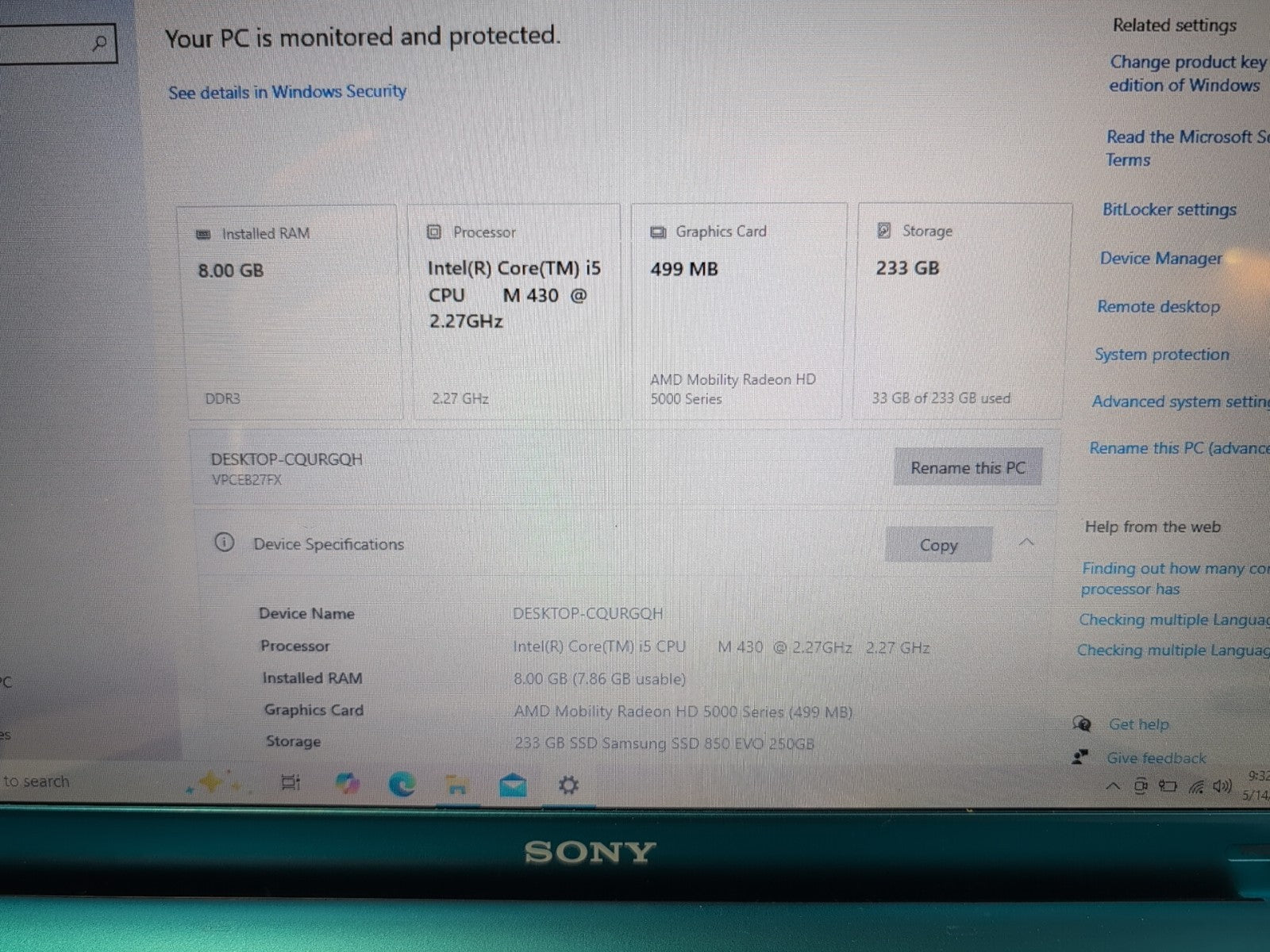 🔥 SONY VAIO PCG-71211L 15.6" LAPTOP i5-M430 CPU/8GB/250GB SSD/ WIN 10 -