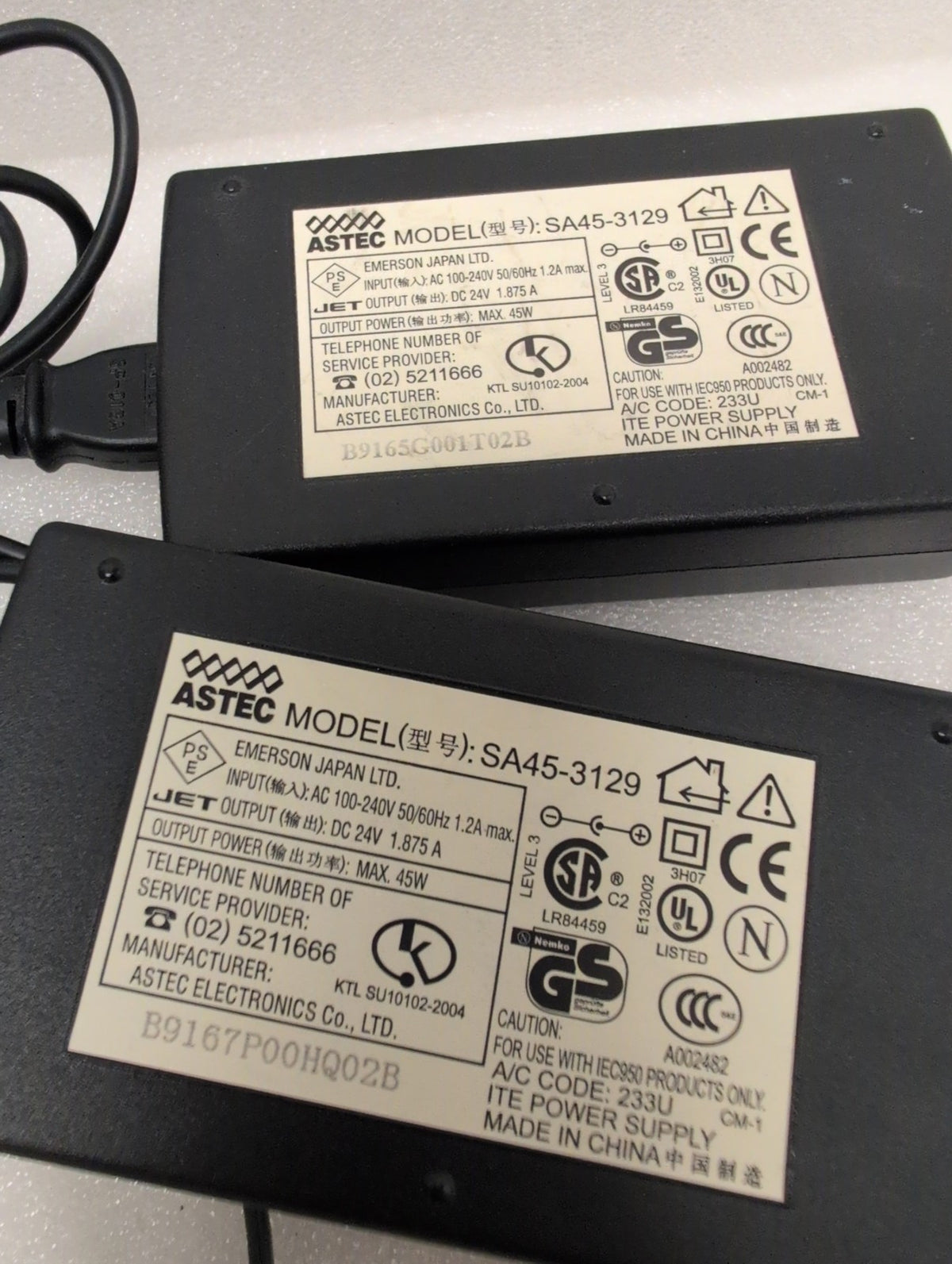 🎸 Astec SA45-3129 24V 1.875A 45W AC/DC Power Supply Adapter 100-240V Lot of 2