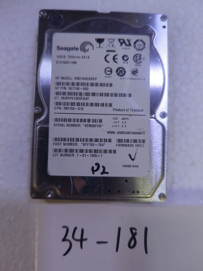 - HP 507749-002 160GB 7.2K 32MB SATA II 2.5'' VM0160EASR Hard Drive