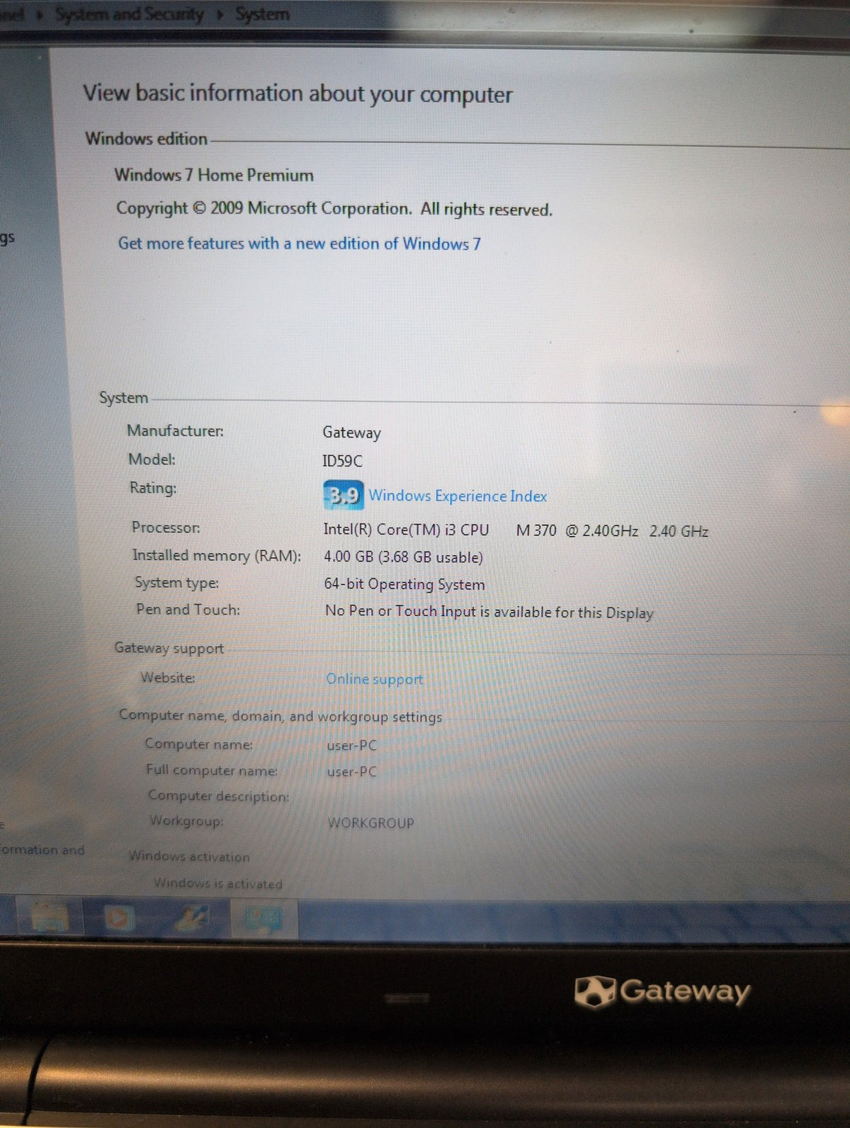 🎸 Gateway ID59C03h MS2300 15.6" Core i3 M370 2.4GHz Laptop 4GB 640GB HDD Win7