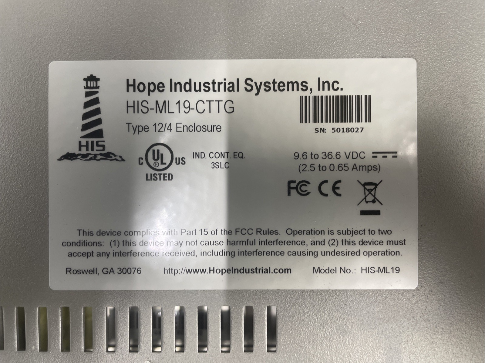 🔥  HOPE INDUSTRIAL SYSTEMS His-Ml19-CTTG Touch Screen Monitor 19"  +