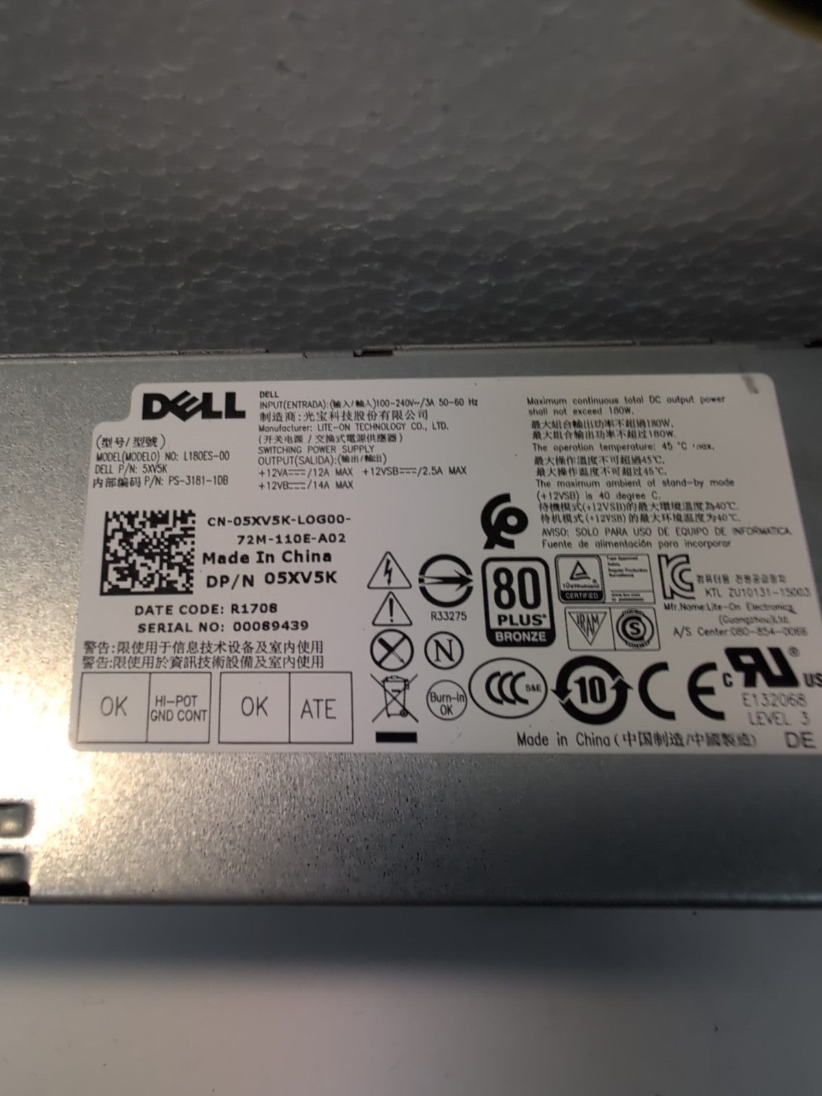 Genuine Dell Optiplex 3040 5040 7040 SFF 180W Power Supply 5XV5K L180ES -