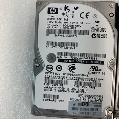 Lot of 2 HP 300GB 10K SAS 2.5"  server hard drives （1000 days remaining life）