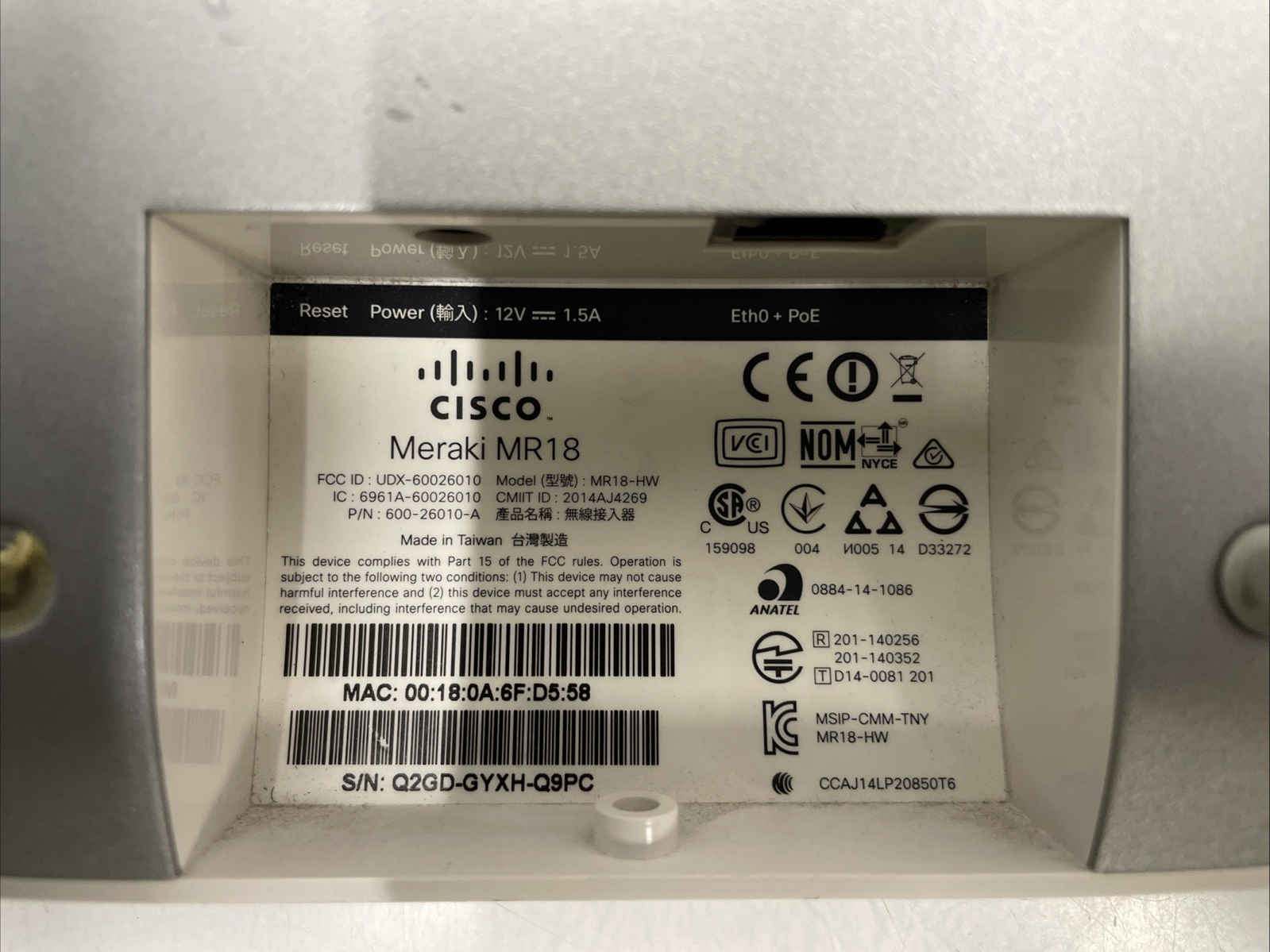 Cisco Meraki Cloud Managed MR18-HW AP  With MOUNT (No AC)  +