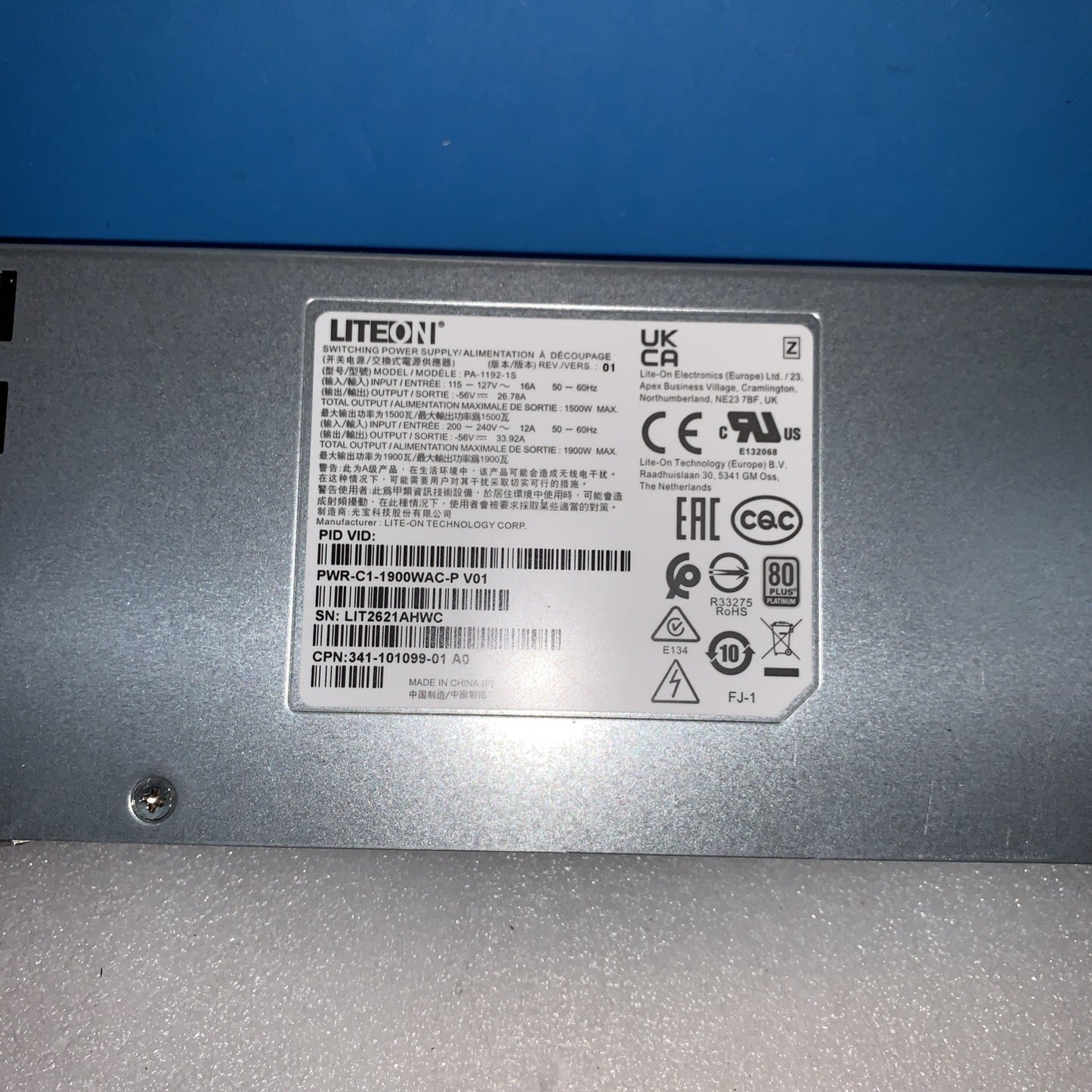 LITEON Model：PA-1192-1S	PWR-C1-1900WAC-P V01	341-101099-01 A0