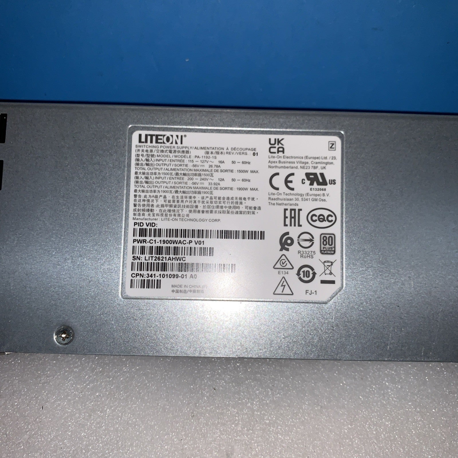 LITEON Model：PA-1192-1S	PWR-C1-1900WAC-P V01	341-101099-01 A0
