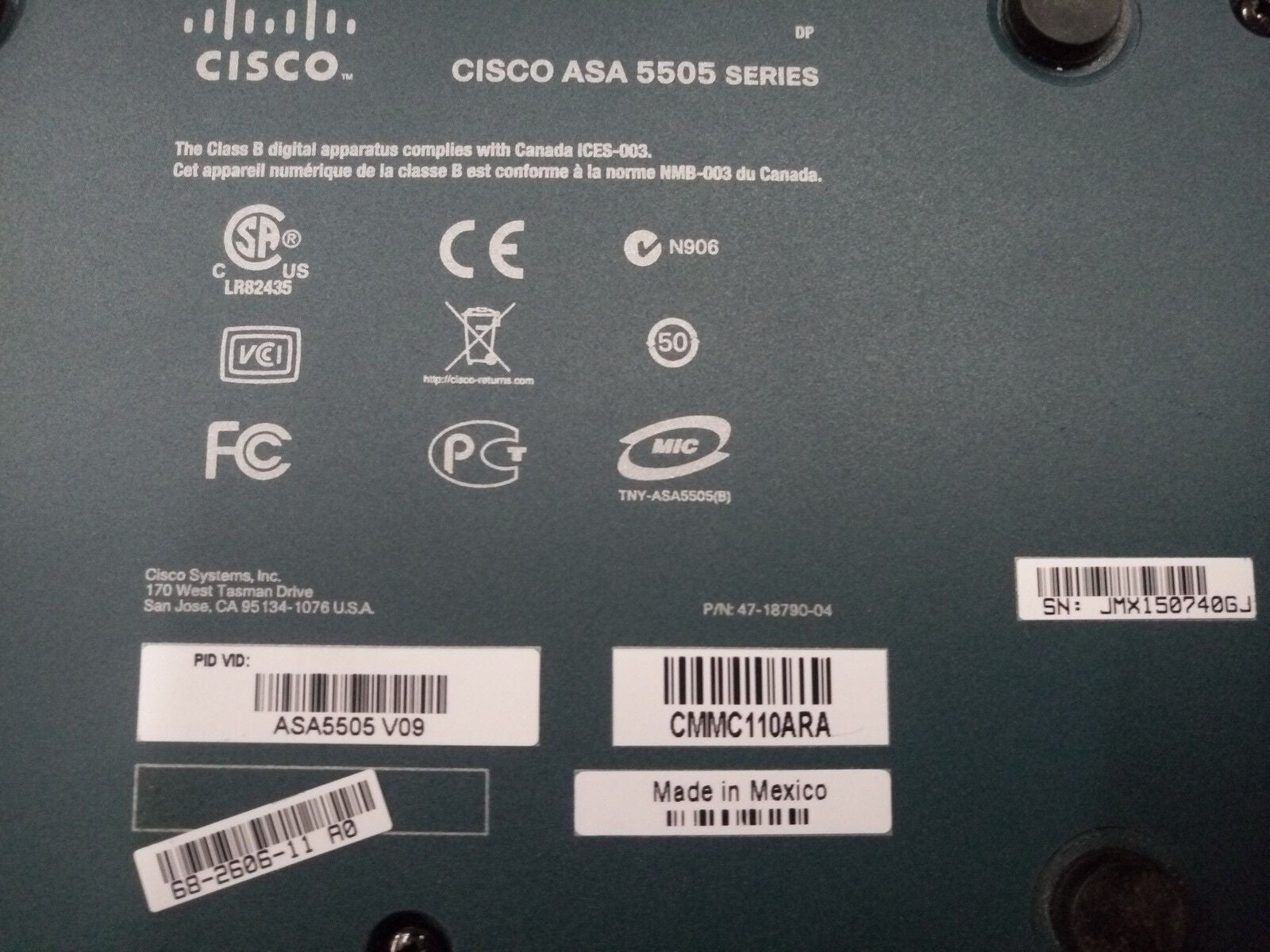 1 x CISCO ASA 5505 SECURTY APPLIANCE ASA5505 w/ 10 User Base License